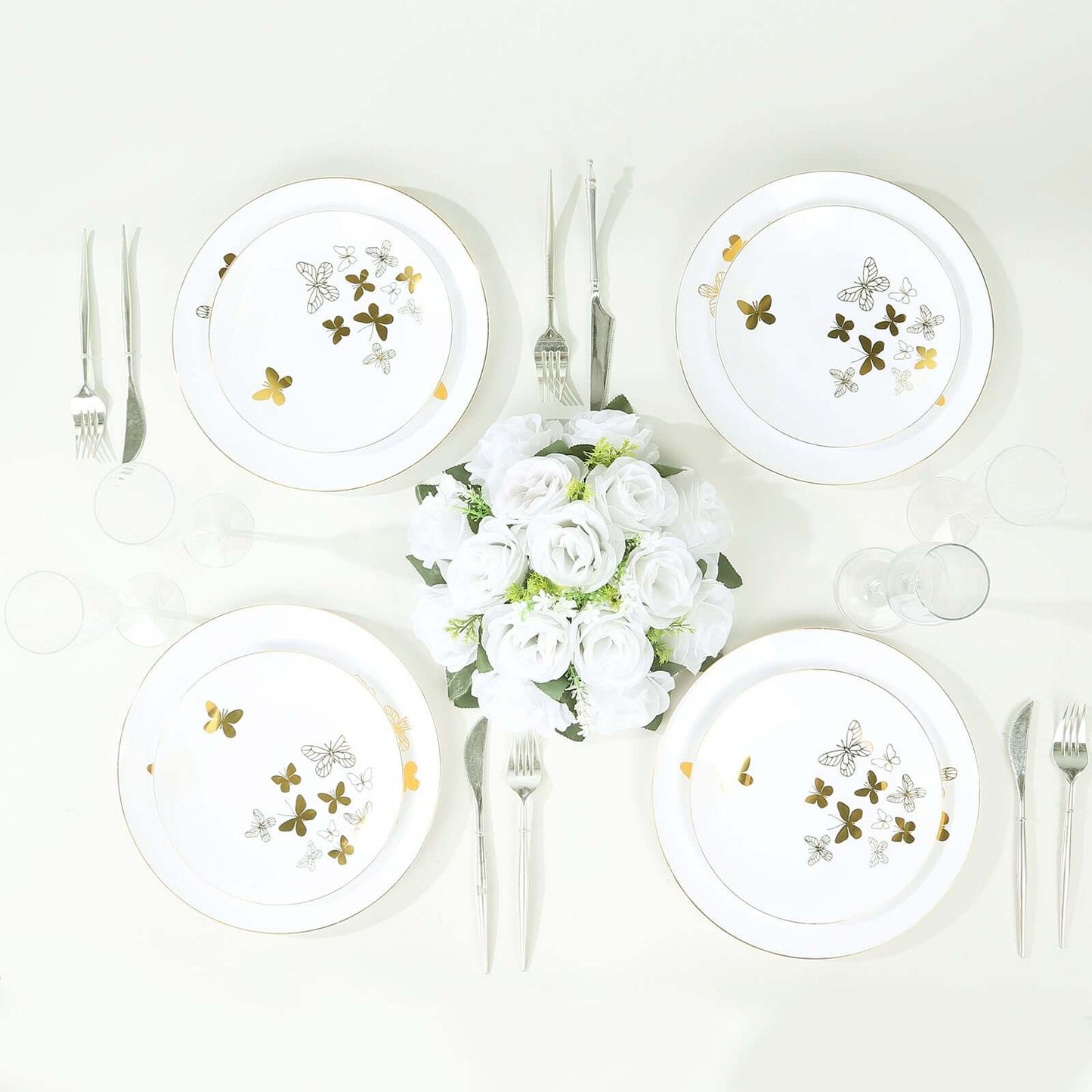 Set of 20 Plastic Round Dinner and Salad Plates in White with Gold Butterfly Design & Gold Rim - Stylish Disposable Dinnerware for Buffets & Catered Events 8", 10"
