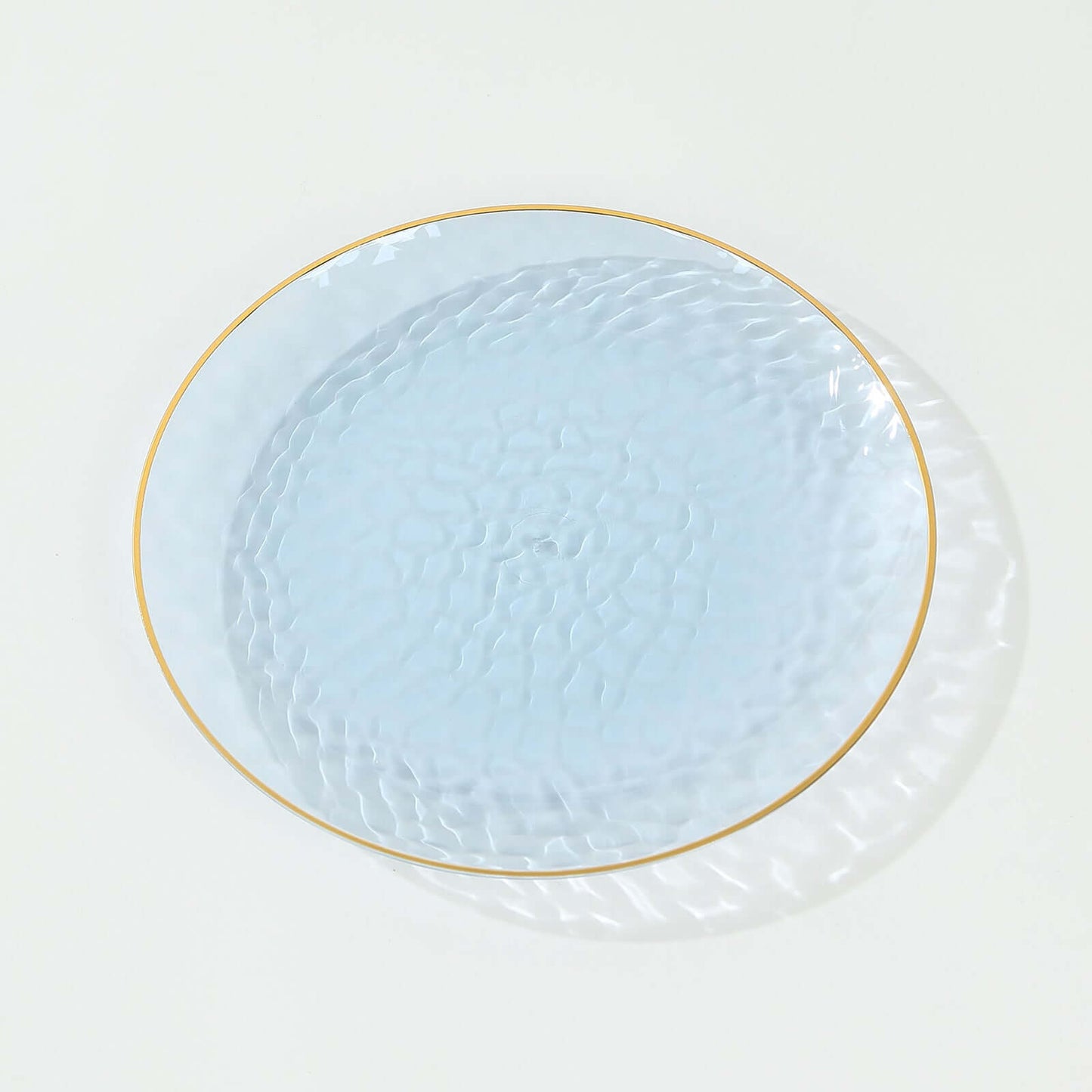 10-Pack Plastic 9" Round Dinner Plates in Transparent Dusty Blue Hammered Design with Gold Rim - Modern Disposable Party Plates