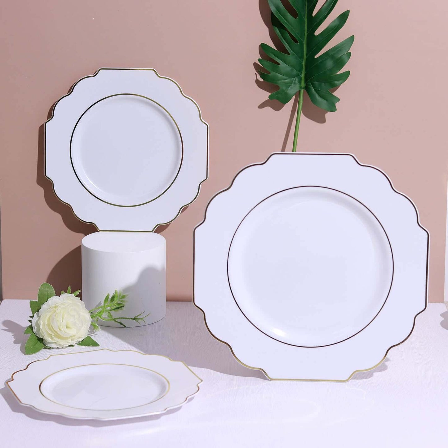 10-Pack Plastic Dessert Appetizer Plates in White Baroque Design with Scalloped Gold Rim - Heavy Duty Disposable Salad Plates for Formal Events & Banquets 8"