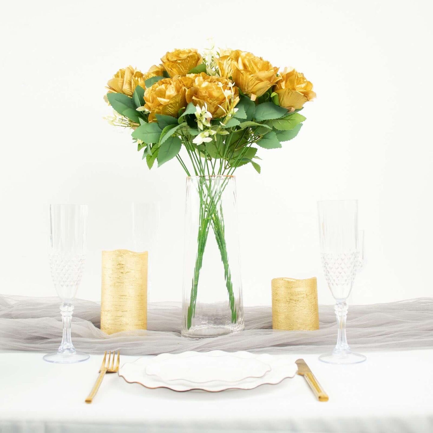 2 Bushes 18" Real Touch Gold Artificial Rose Flower Bouquet, Silk Long Stem Flower Arrangements