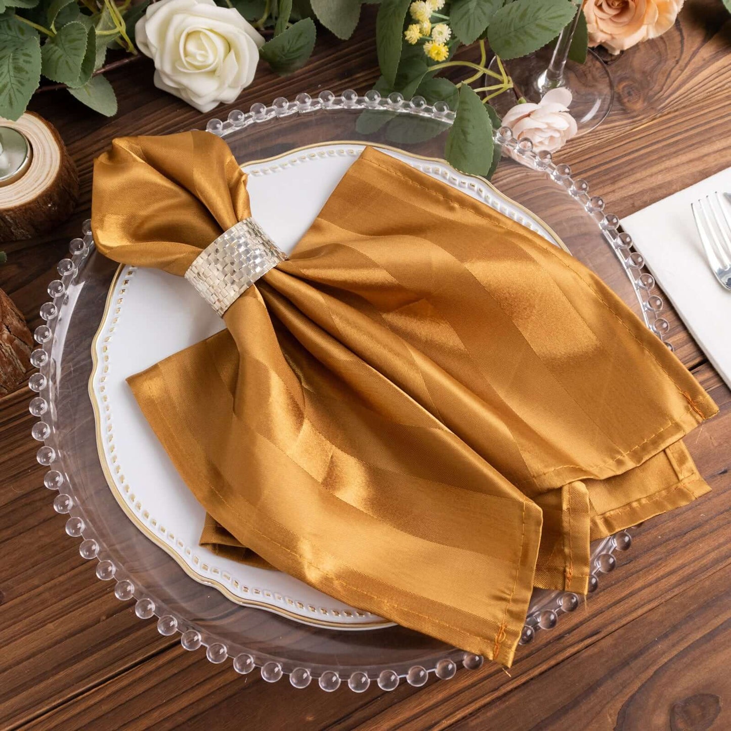 5 Pack Satin 20"x20" Napkins Gold Glossy Stripes - Durable & Wrinkle-Free Cloth Napkins