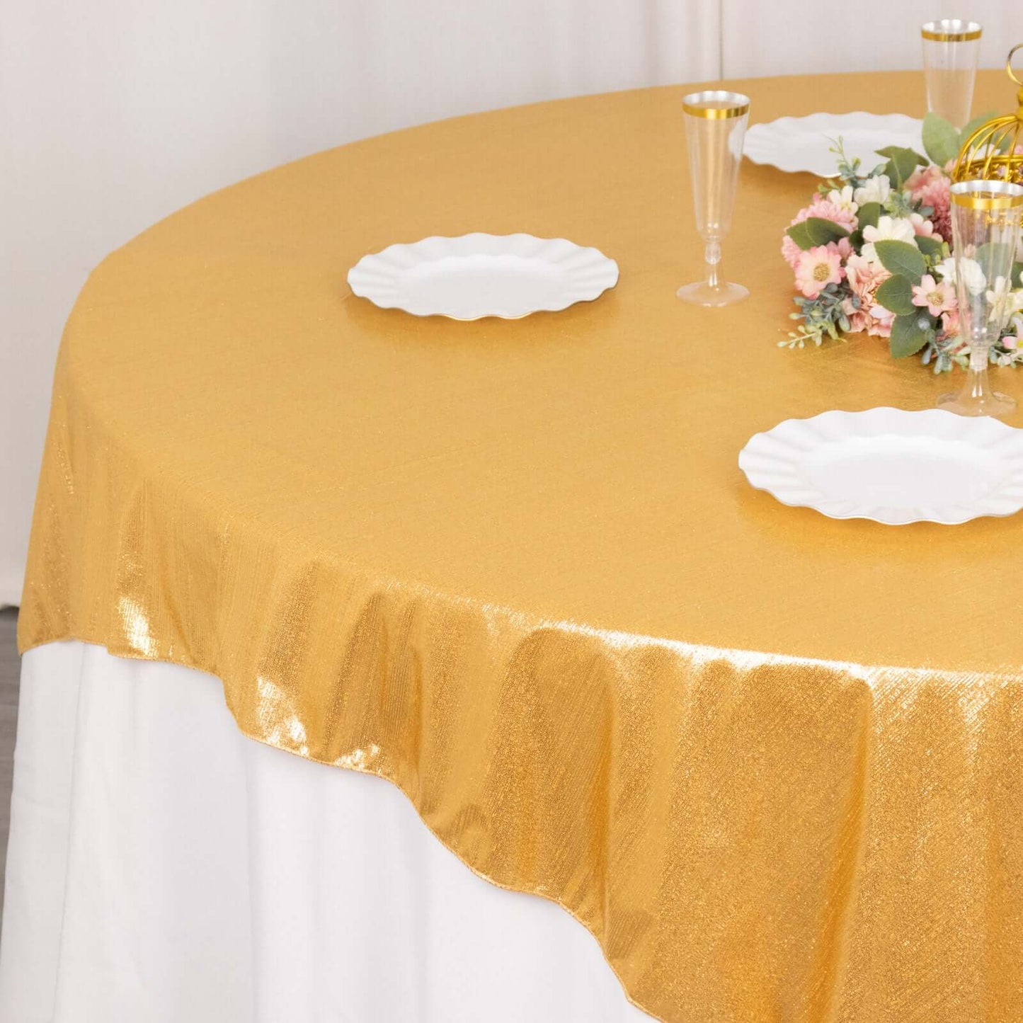Polyester 72"x72" Table Overlay Square Tablecloth Gold Shimmer Sequin Dots Wrinkle-Free Design for Stylish Celebrations