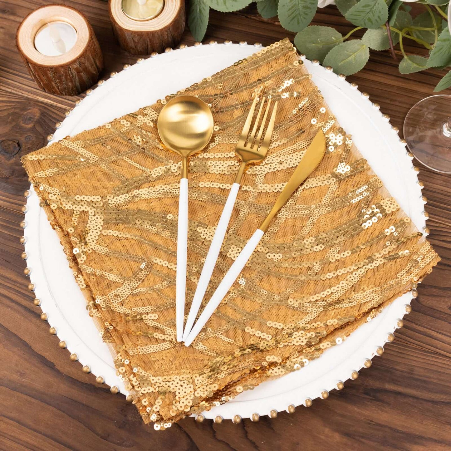 Sequin Mesh 20"x20" Napkin Gold - Wave Embroidered Reusable Cloth Napkin for Glitzy Table Settings