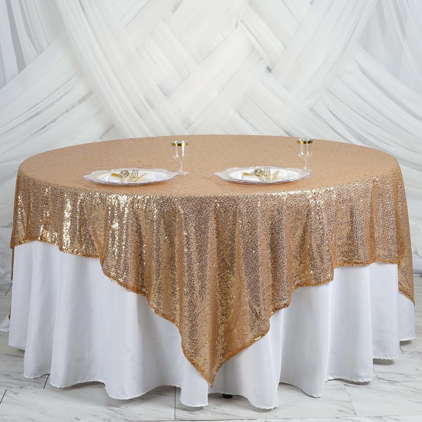 Sequin 90"x90" Table Overlay Square Tablecloth Gold - Sparkly Design for Stylish Celebrations