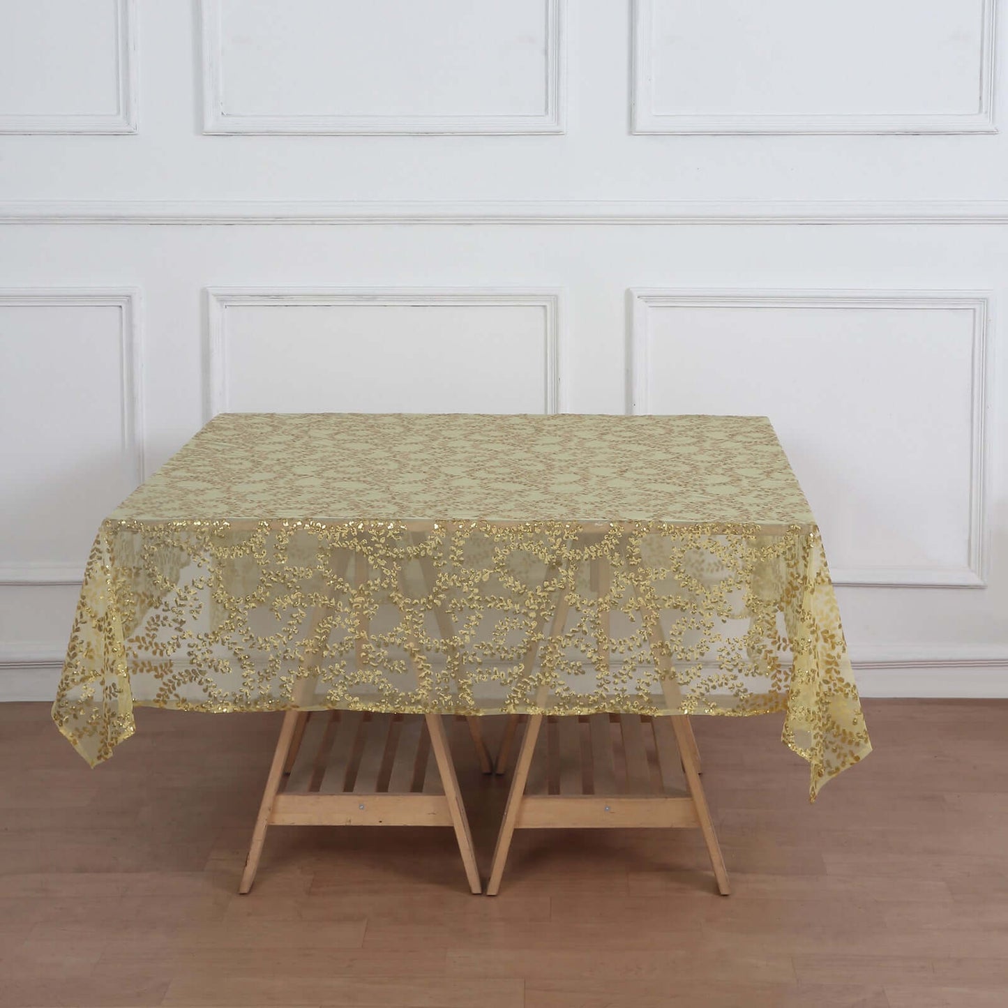 Tulle 72"x72" Table Overlay Square Tablecloth Gold - Sequin Leaf Embroidered Design for Stylish Occasions