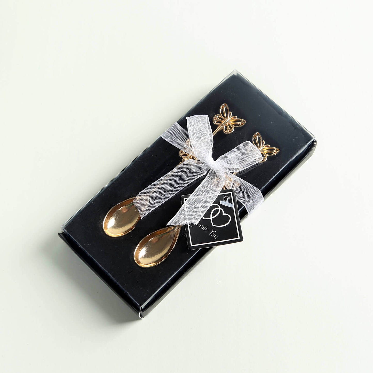 5 Pack Gold Metal Butterfly Handle Dessert Spoons in Clear Top Black Gift Box, Pre-Packed Mini Espresso Coffee Spoons Wedding Souvenir Gift with Thank You Tag and Ribbon - 4"