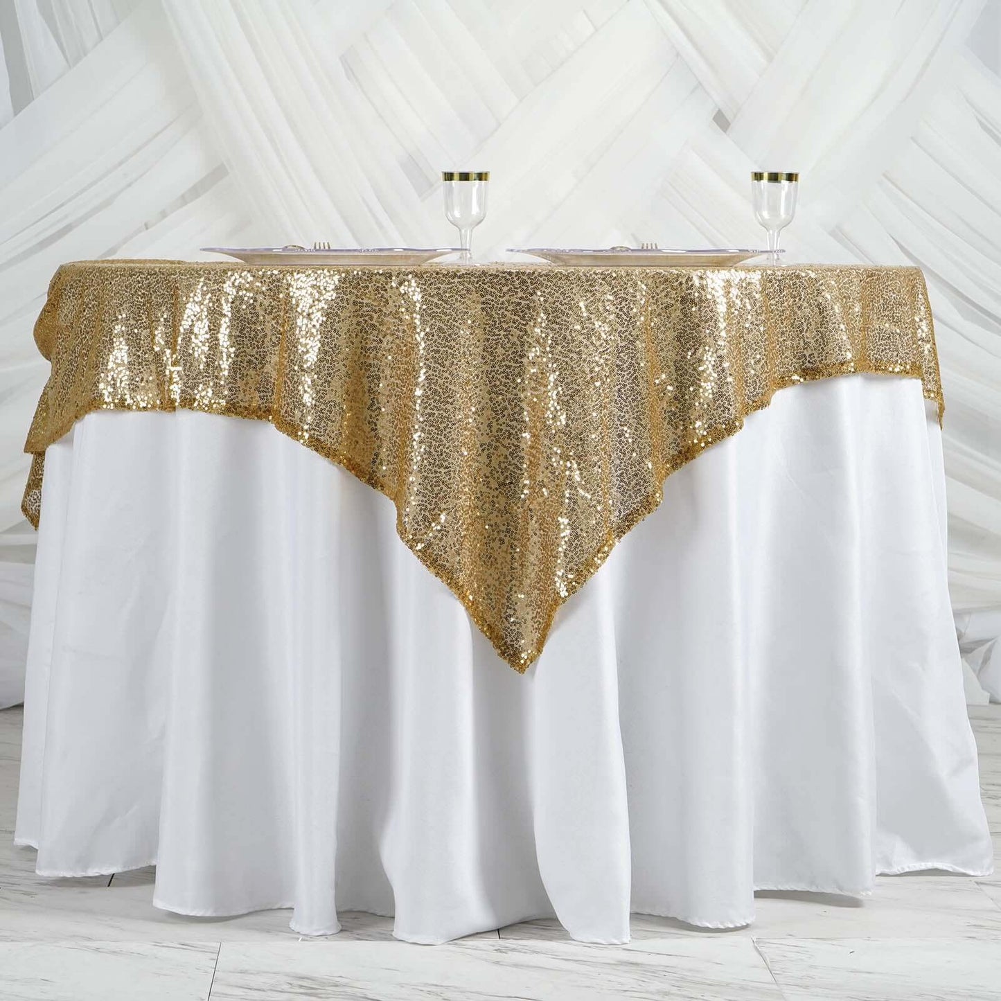 Sequin 60"x60" Table Overlay Square Tablecloth Gold - Luxe Wedding Table Topper