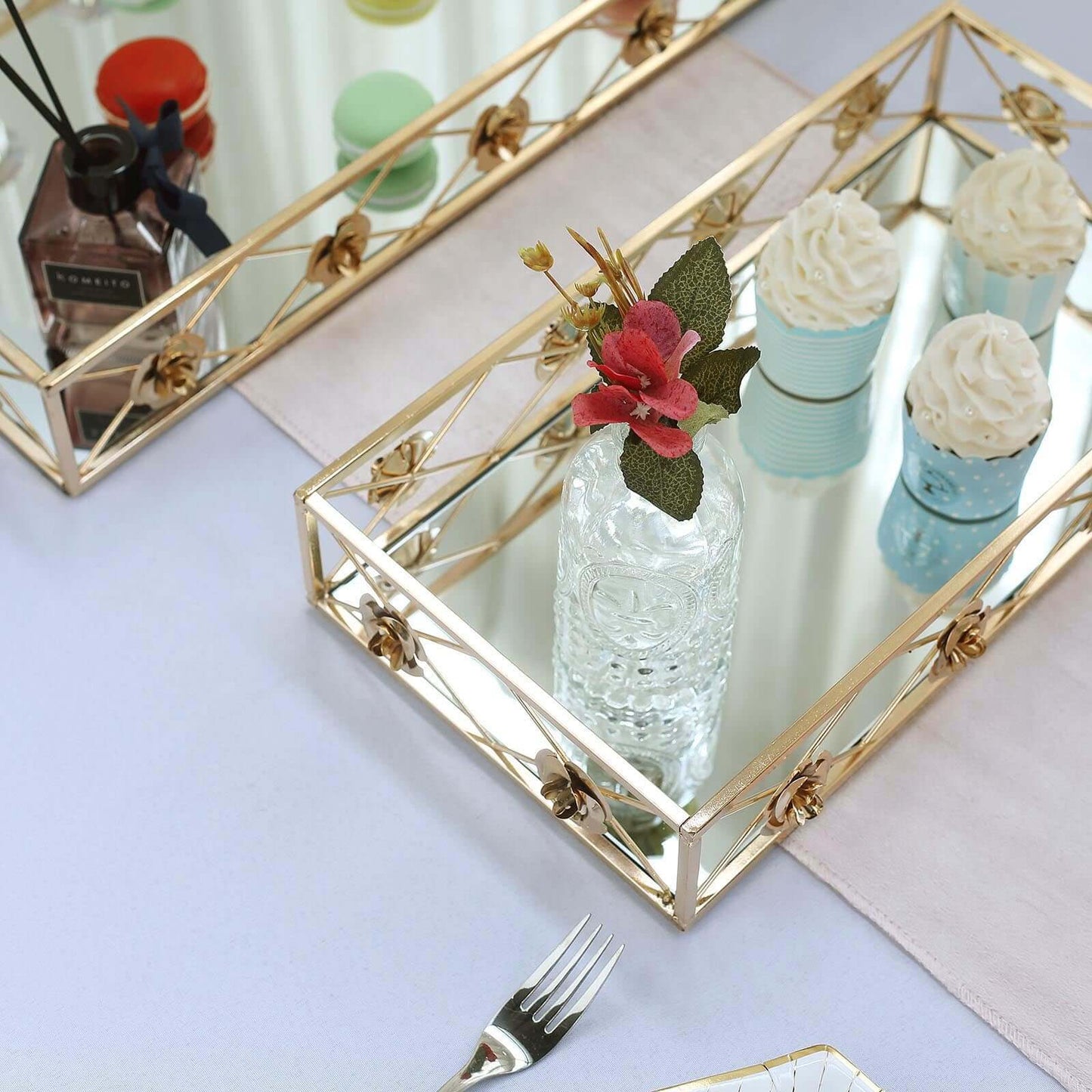 Set of 2 Metal Mirrored Rectangle Serving Trays in Gold with Rose Borders, Glamorous Decorative Vanity Tray Centerpiece 15"x8", 19"x12"