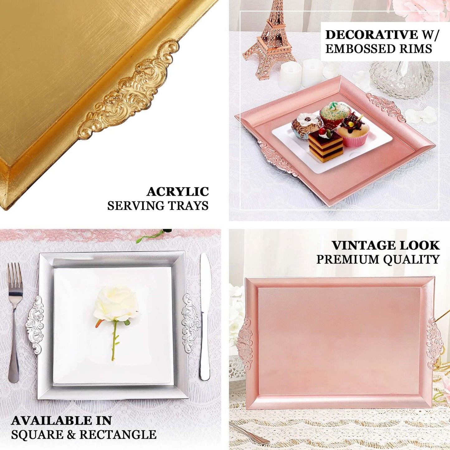 2-Pack Acrylic Square Serving Trays 10" in Metallic Gold with Embossed Handles, Decorative Dinner Party Food Platters