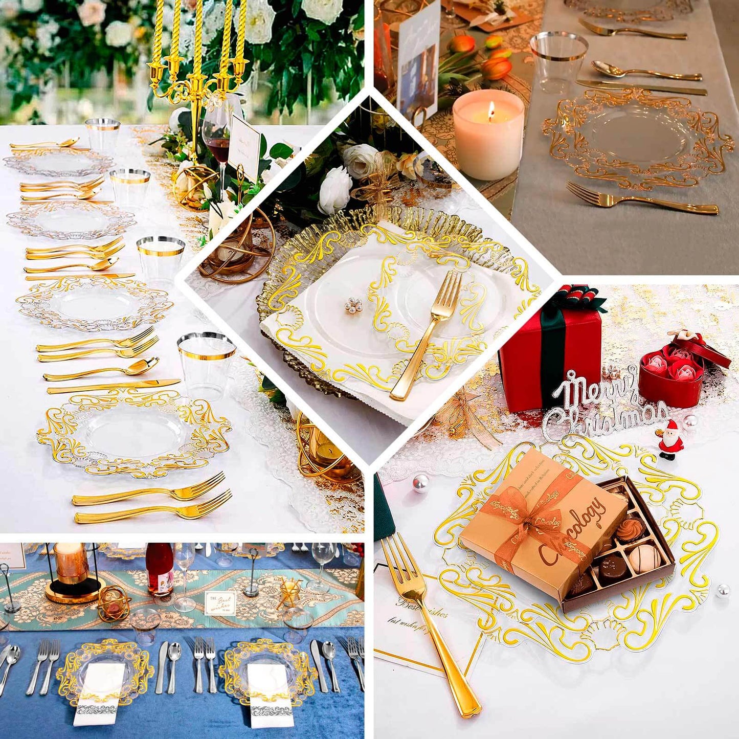 10-Pack Plastic 8" Round Dessert Plates in Clear with Gold Vintage Baroque Scalloped Rim - European Style Disposable Salad Appetizer Plates