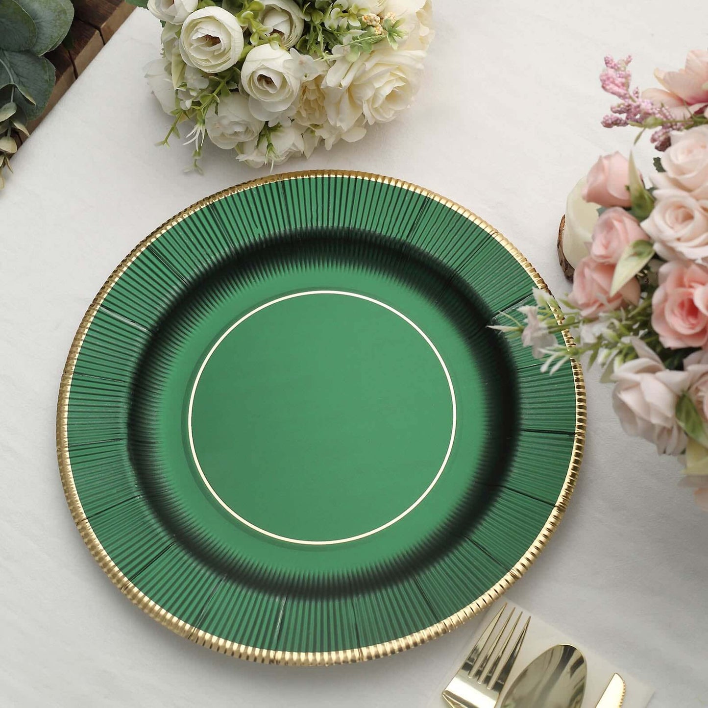 25-Pack Disposable Round Charger Plates in Hunter Emerald Green Sunray Design with Gold Rim - 350GSM Heavy Duty Paper Chargers 13"