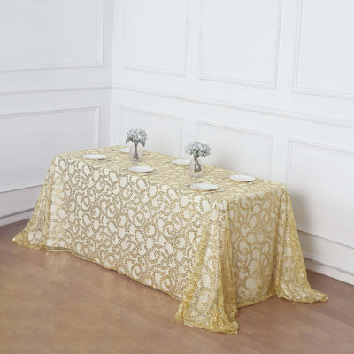 Tulle 90"x156" Rectangle Tablecloth Gold - Sequin Leaf Embroidered Design for Luxe Celebrations