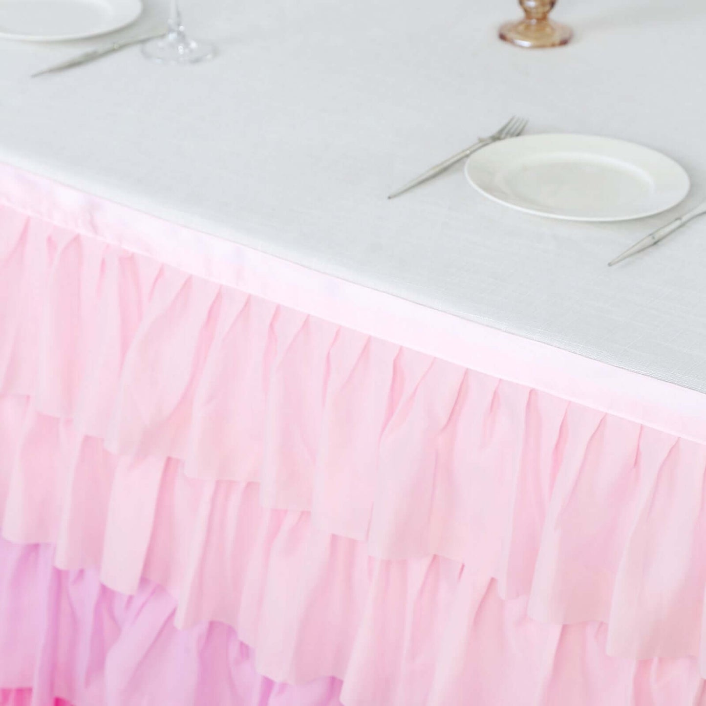 Chiffon 14ft Table Skirt Gradient Pink - Stylish 5-Tier Ombre Ruffled Tutu Table Cover with Satin Backing for Weddings & Celebrations