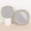 10-Pack Plastic 8" Round Dessert Plates in Gray with Gold Leaf Embossed Rim - Disposable Vintage Baroque Style Salad Plates