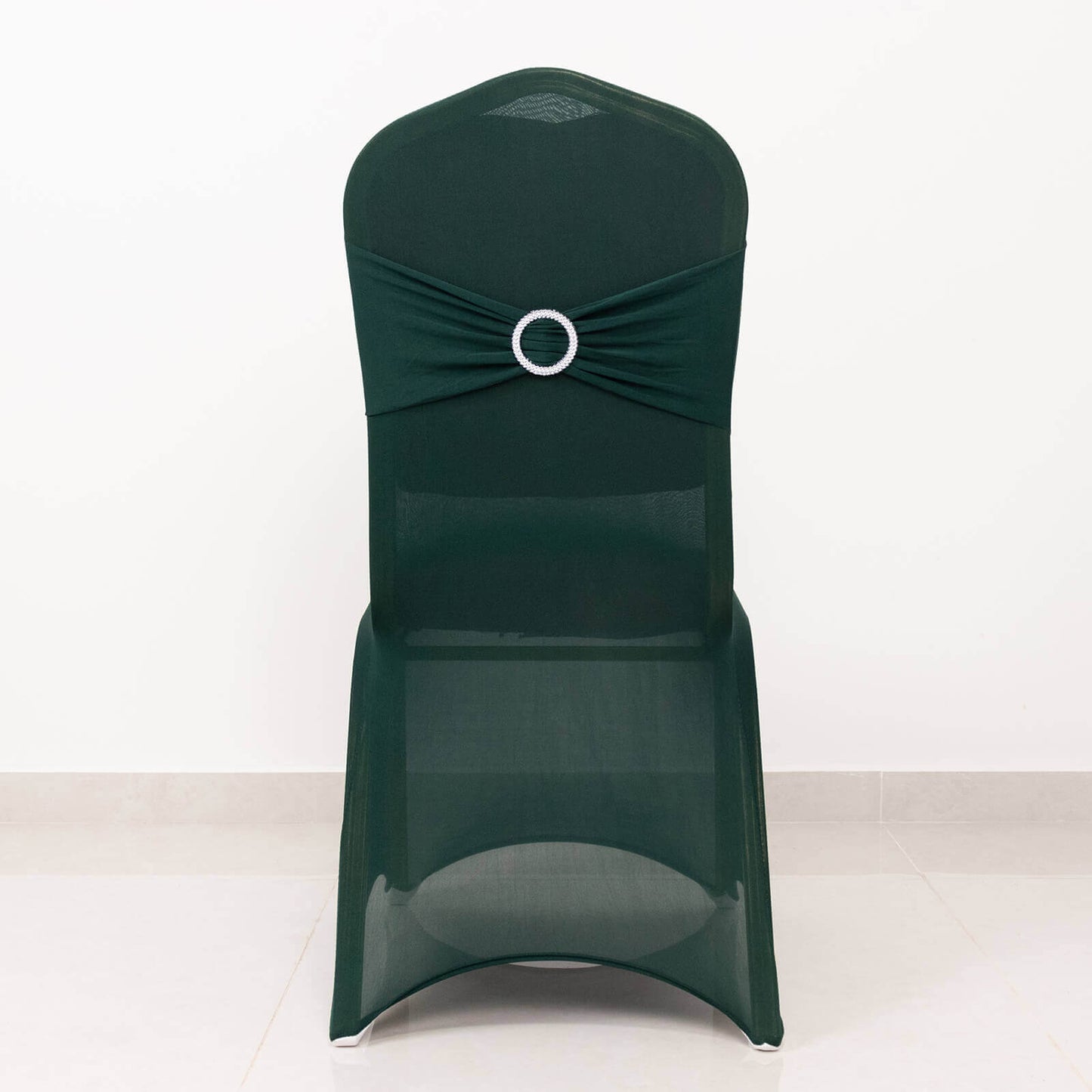 Spandex Chair Cover with Silver Rhinestone Buckled Sash Band Hunter Emerald Green - Stretch Fitted Slipcover