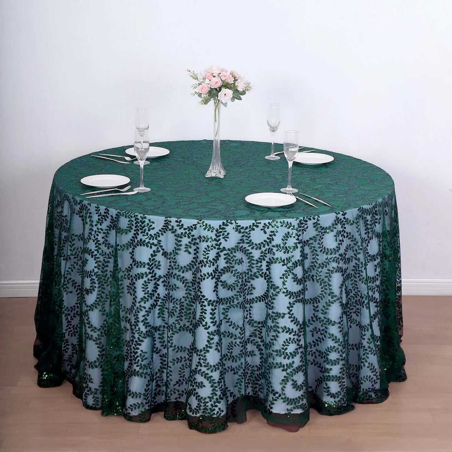 Tulle 120" Round Tablecloth Hunter Emerald Green - Seamless Sequin Leaf Embroidered Table Cover