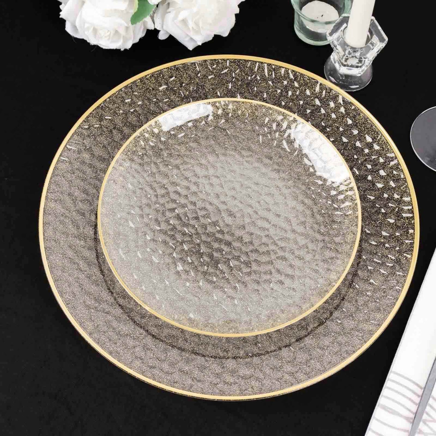 10-Pack Plastic 7" Round Dessert Appetizer Plates in Clear Gold Glittered Hammered Design with Gold Rim - Modern Disposable Salad Plates for Events & Banquets