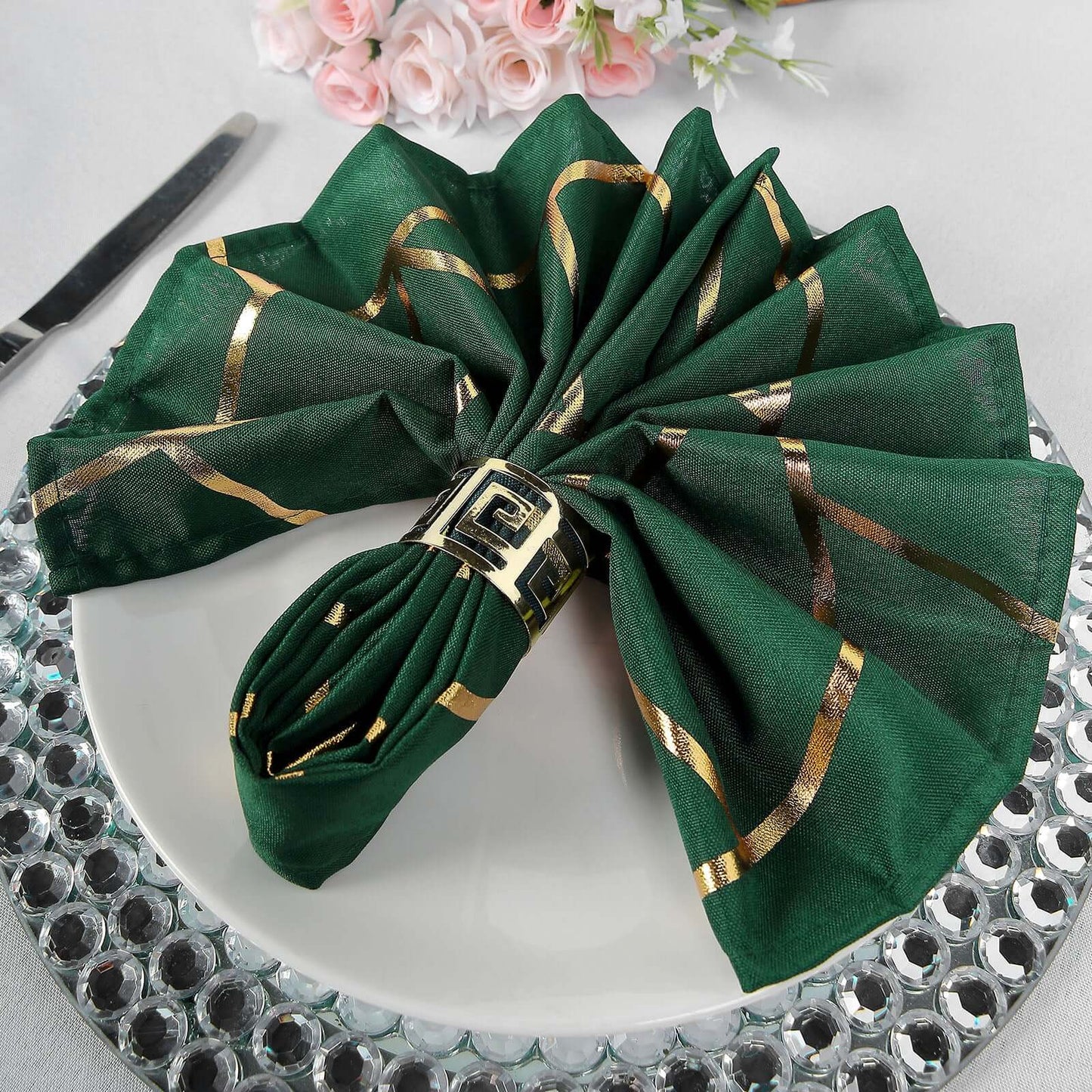 5 Pack Polyester 20"x20" Napkins Hunter Emerald Green with Gold Geometric Foil Pattern - Modern Reusable Dinner Napkins