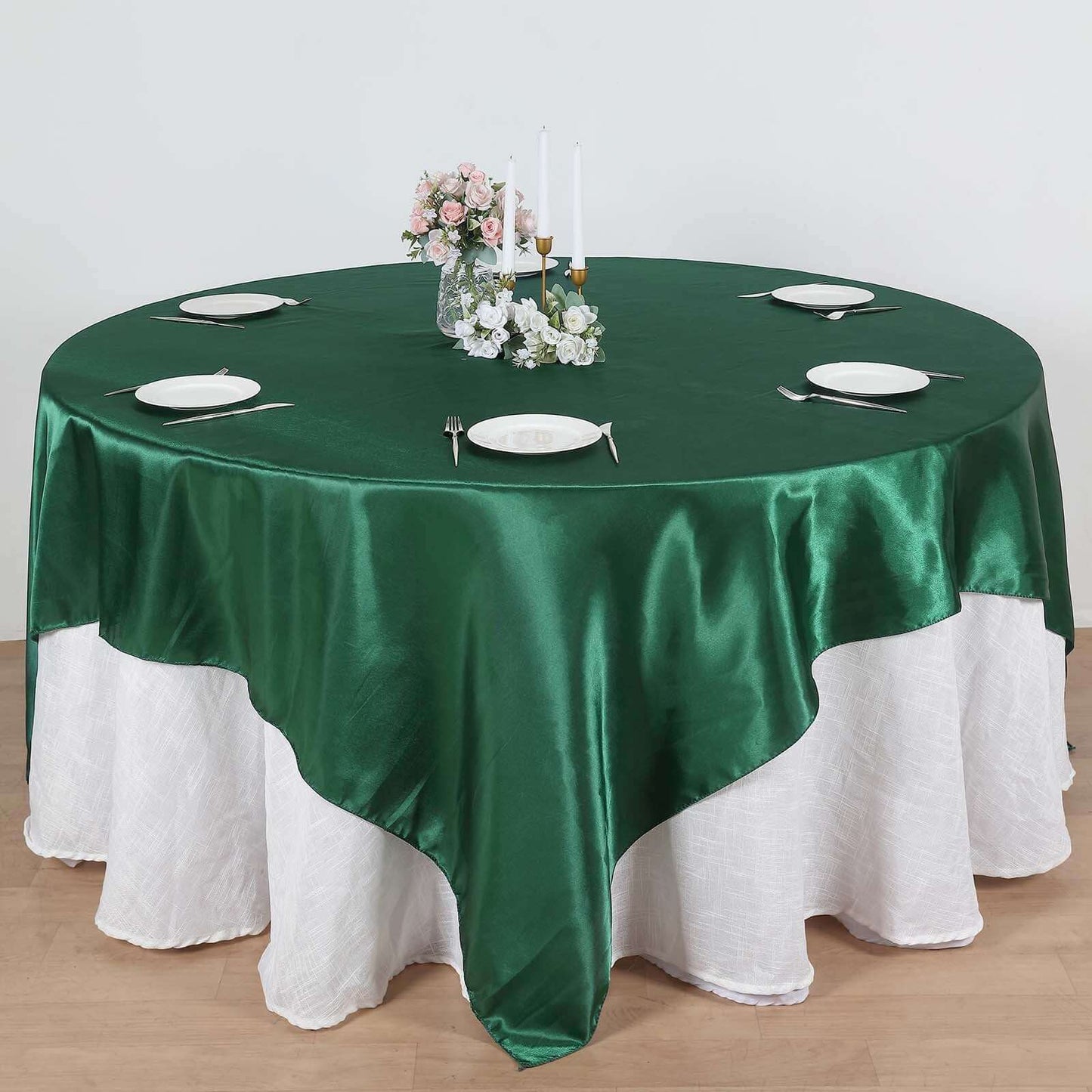Satin 90"x90" Table Overlay Square Tablecloth Hunter Emerald Green - Smooth Finish Table Topper