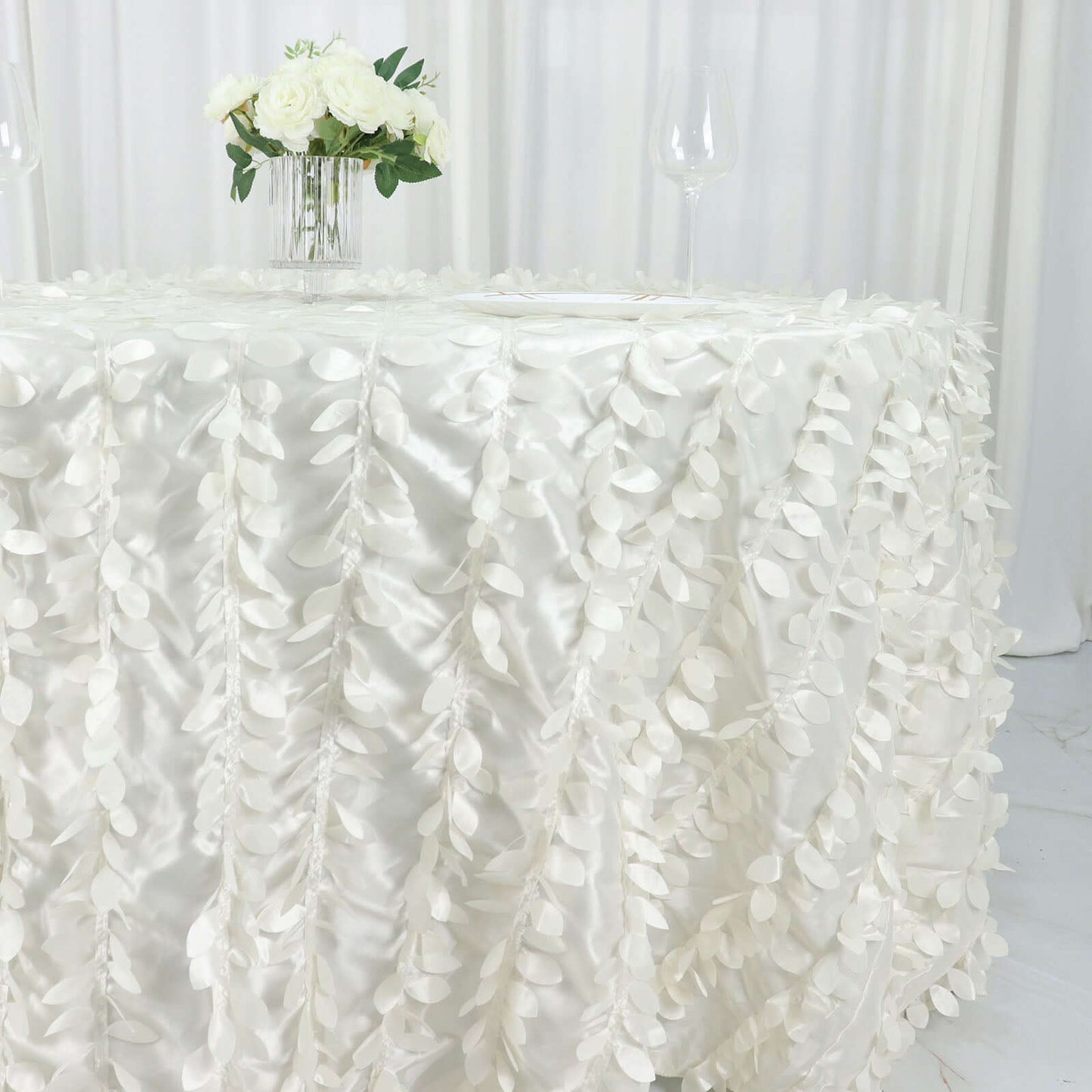 Taffeta 132" Round Tablecloth Ivory | 3D Leaf Petal Design Seamless Table Cover