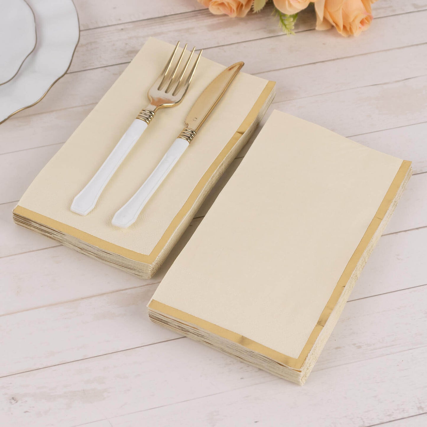 50-Pack Paper Dinner Napkins Ivory with Gold Foil Edge 2 Ply - Stylish Disposable Napkins