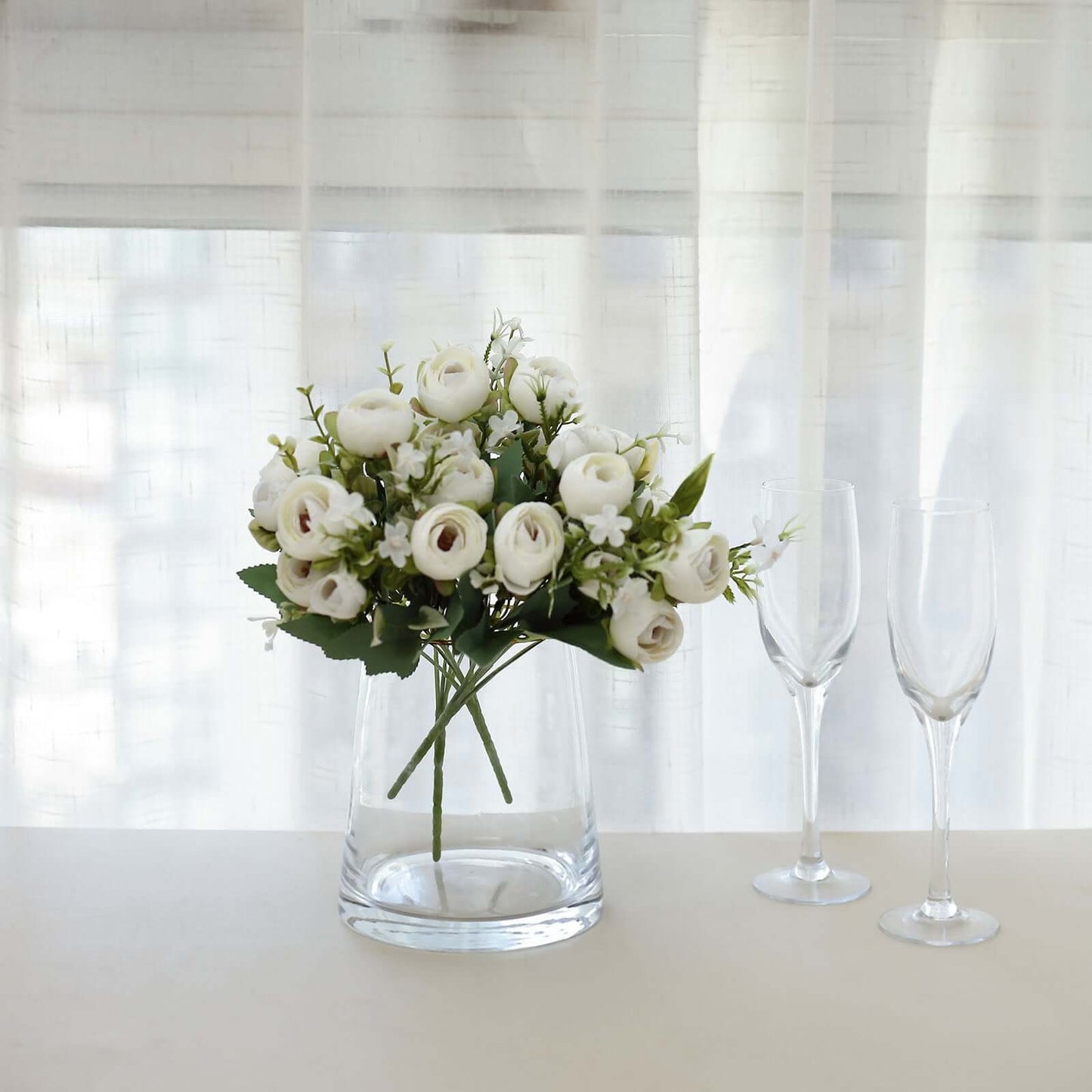 4 Pack 12" Artificial Ivory Ranunculus Silk Flower Bridal Bouquets, Faux Buttercup Floral Arrangement