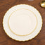 10-Pack Plastic 7.5" Round Salad Dessert Plates in Ivory with Gold Flair Rim - Disposable Party Plates