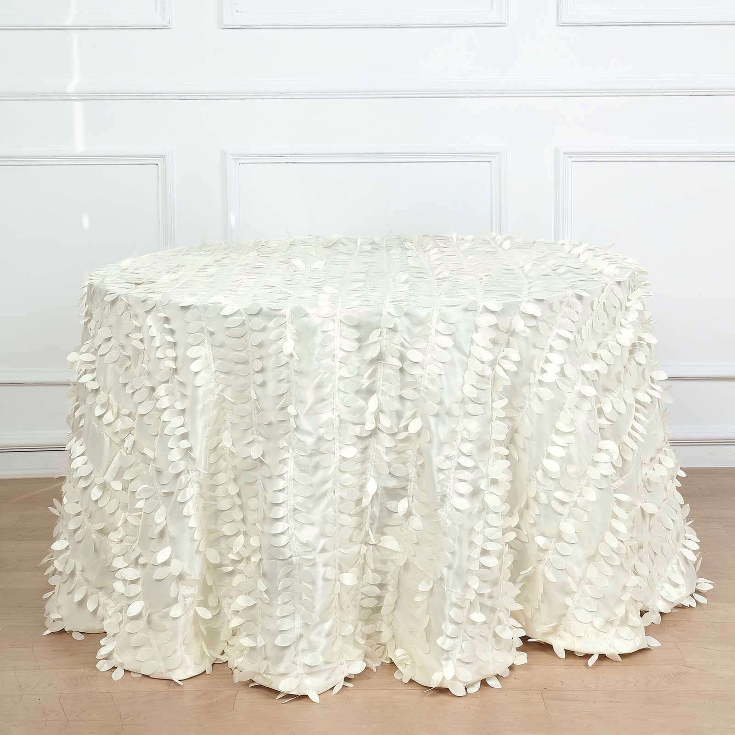 Taffeta 120" Round Tablecloth Ivory | 3D Leaf Petal Design Seamless Table Cover