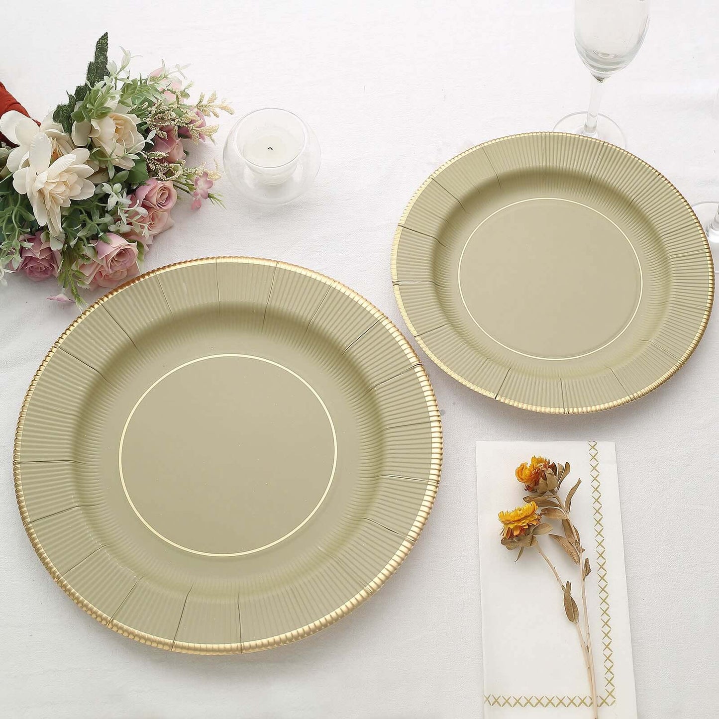 25-Pack Paper 10" Round Dinner Plates in Khaki Sunray Design with Gold Rim - Disposable Heavy Duty 350GSM Party Plates
