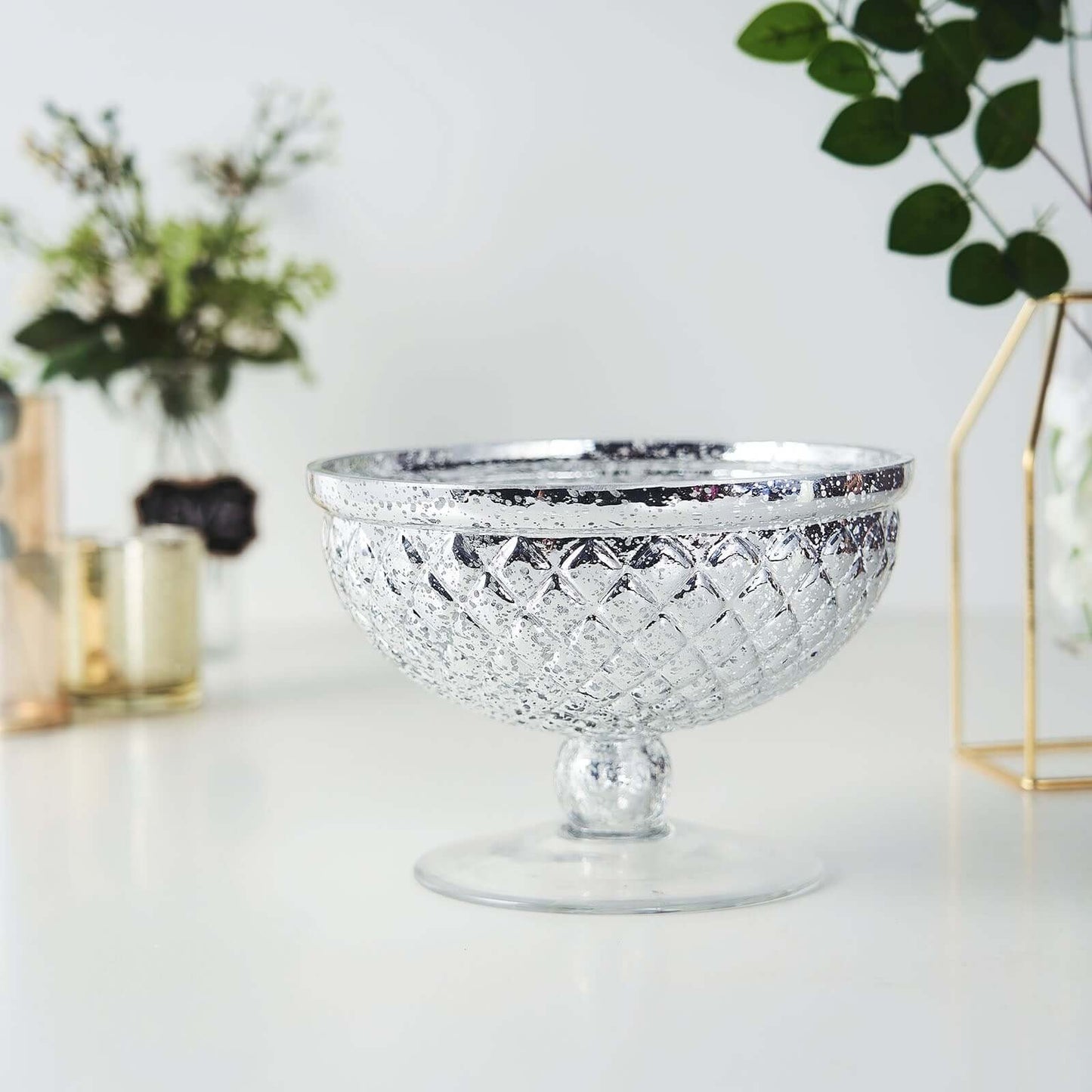 Mercury Glass Pedestal Bowl Vase Compote Style Silver - Sophisticated Floral Table Decor for Events 8"