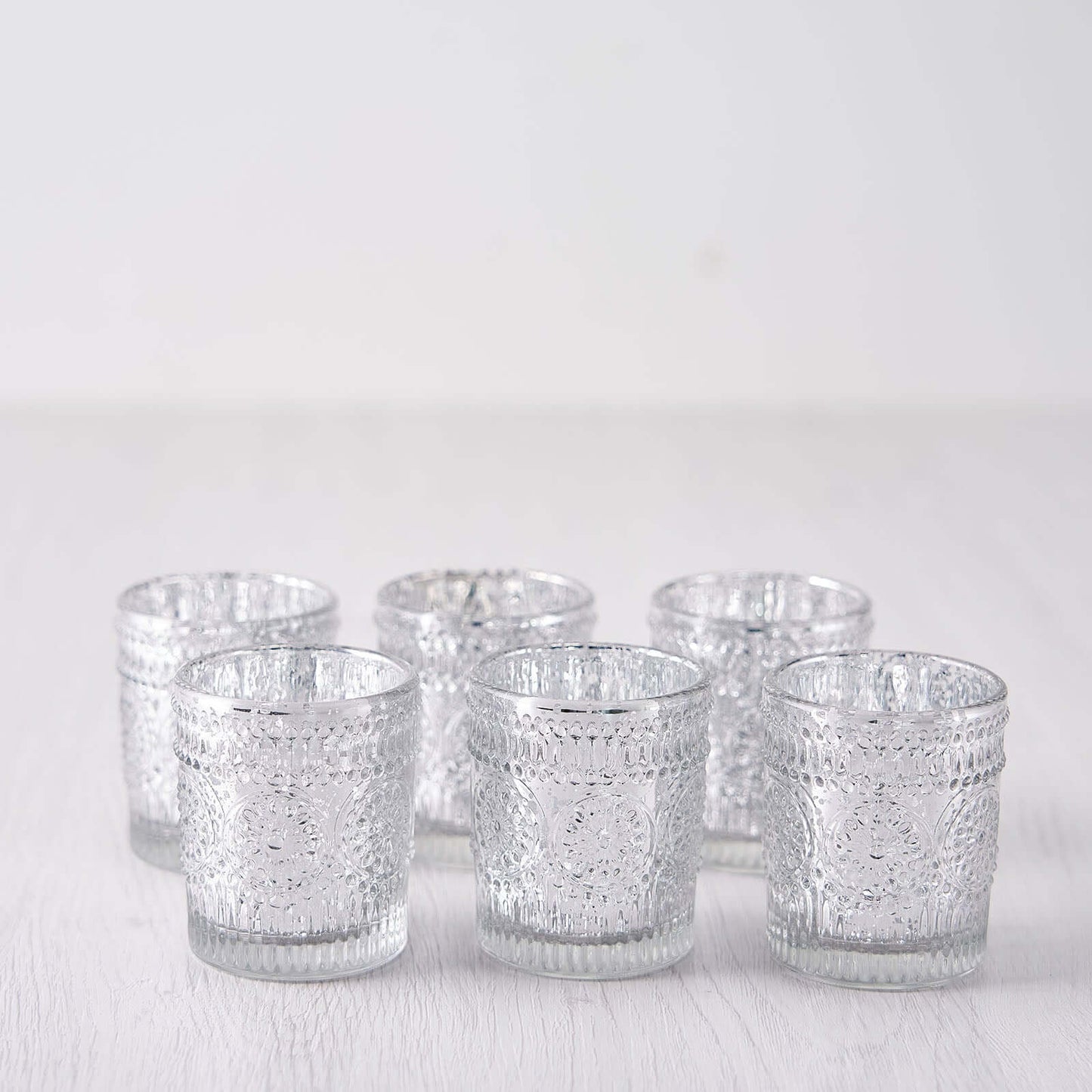 6-Pack Silver Glass Votive Tealight Holders - Stylish Primrose Design for Weddings & DÃ©cor