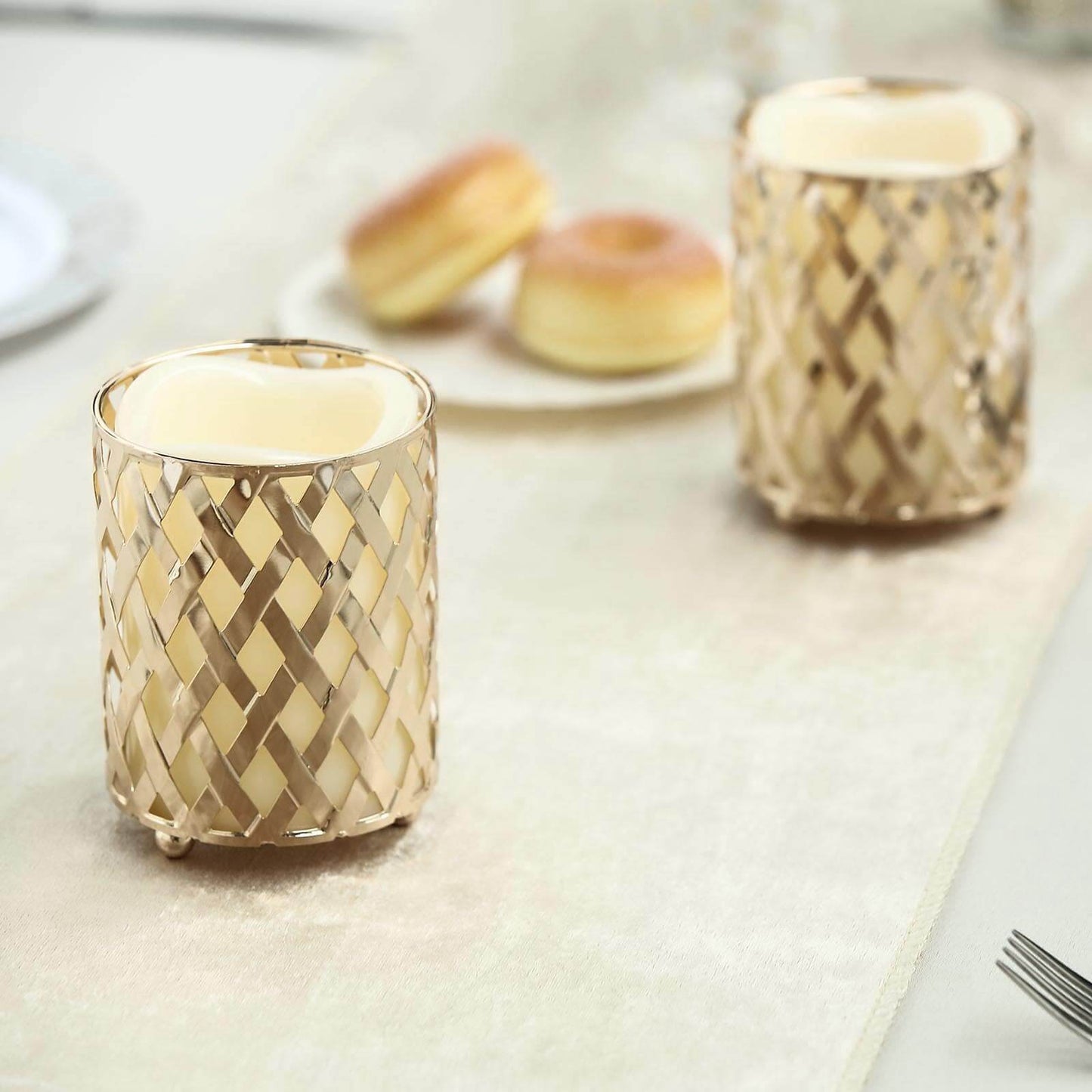 2-Pack Votive Candle Holders Gold Metal Diamond Cut Geometric Design - Perfect for Home DÃ©cor and Events 4"
