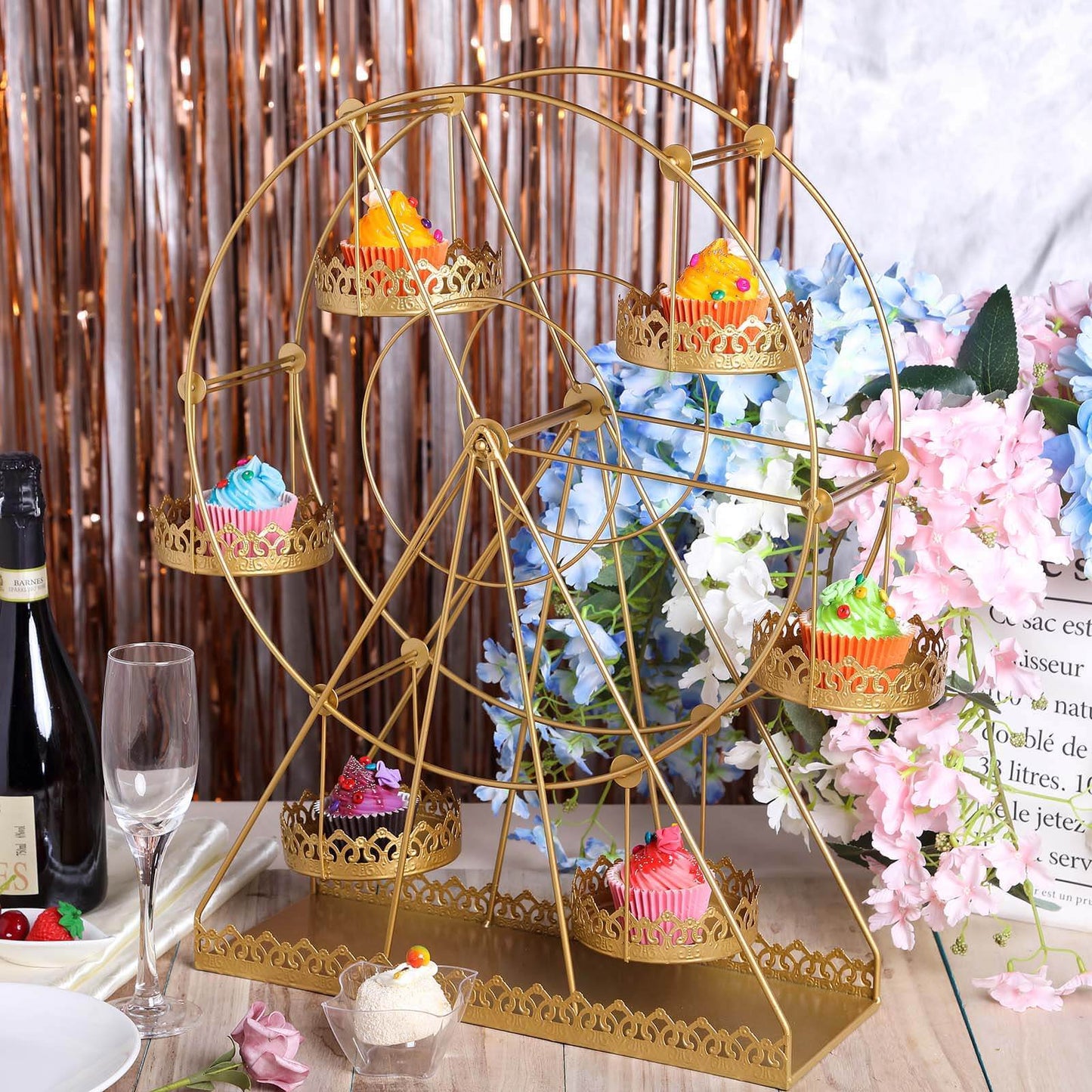 Metal Ferris Wheel Cupcake Holder Gold - Large Decorative Rotating Dessert Display Stand for Carnival-Themed Events Baby Showers & Weddings 23"