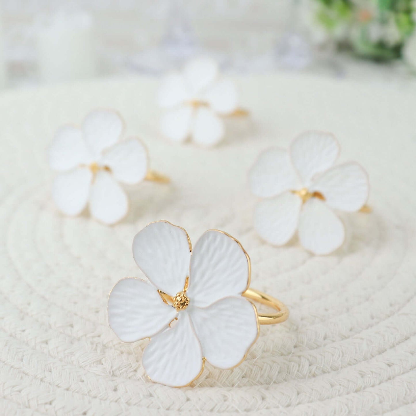 4 Pack White and Gold Metal Flower Napkin Rings, Floral Serviette Buckle Napkin Holder Set - Plum Blossom Design
