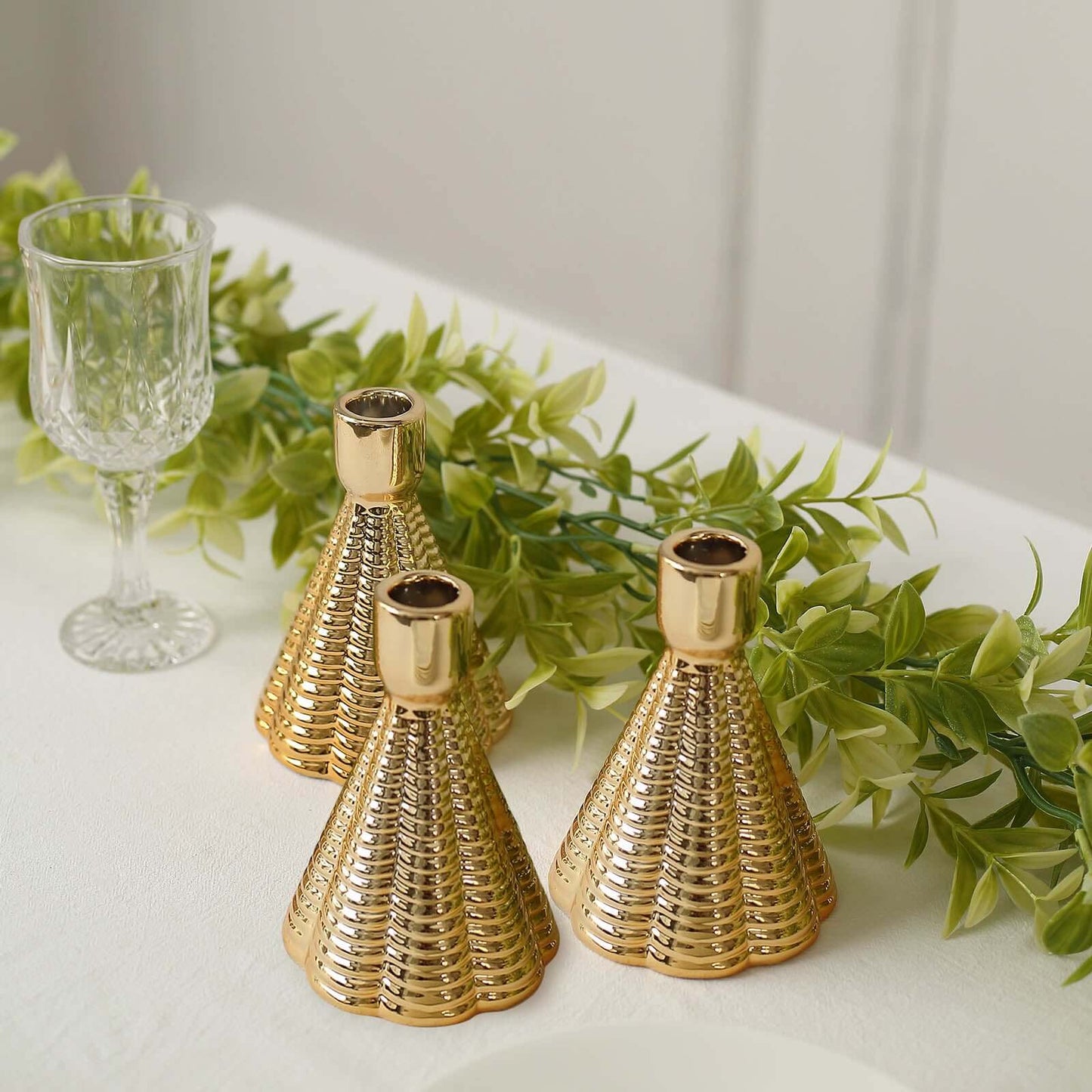 3-Pack Ceramic Taper Candle Holders Ribbed Cone Shaped Design Metallic Gold - Candlestick Stands for Decor 5"