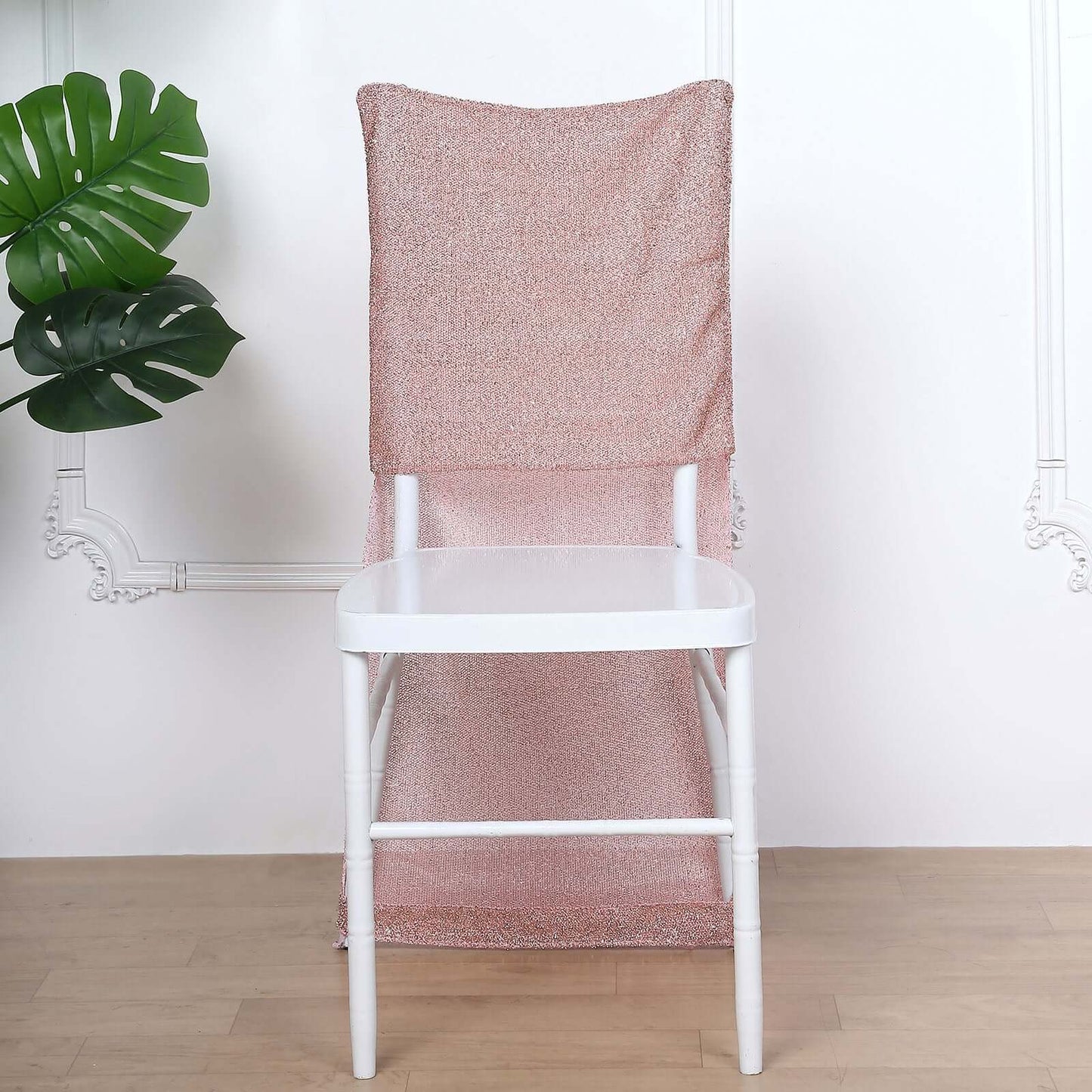 Stretch Spandex Chair Back Slipcover with Metallic Shimmer Tinsel Rose Gold - Durable Chiavari Chair Back Cover