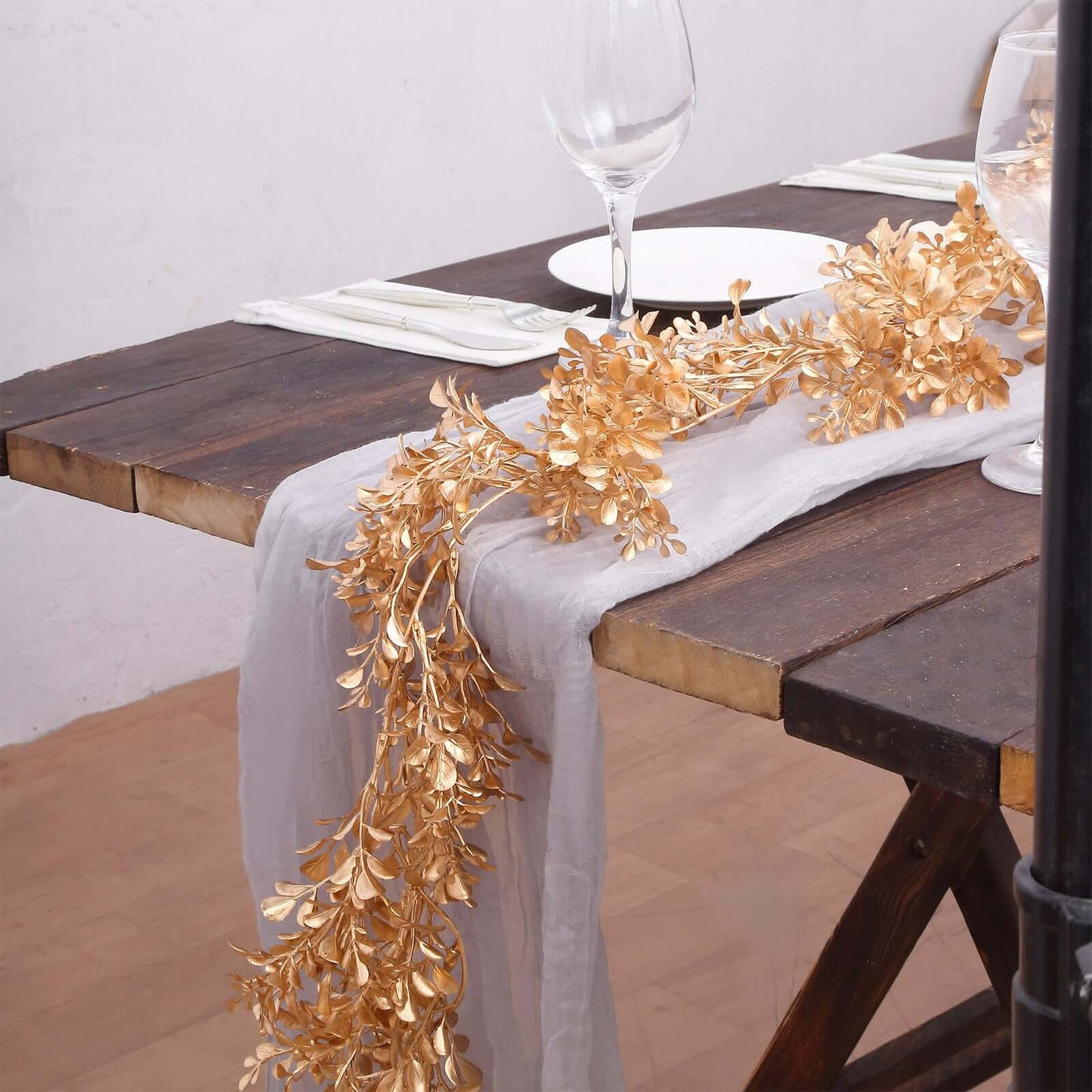 Artificial Boxwood Leaf Table Garland Metallic Gold - Versatile Faux Decorative Hanging Vine for Modern & Chic Event Styling 6ft