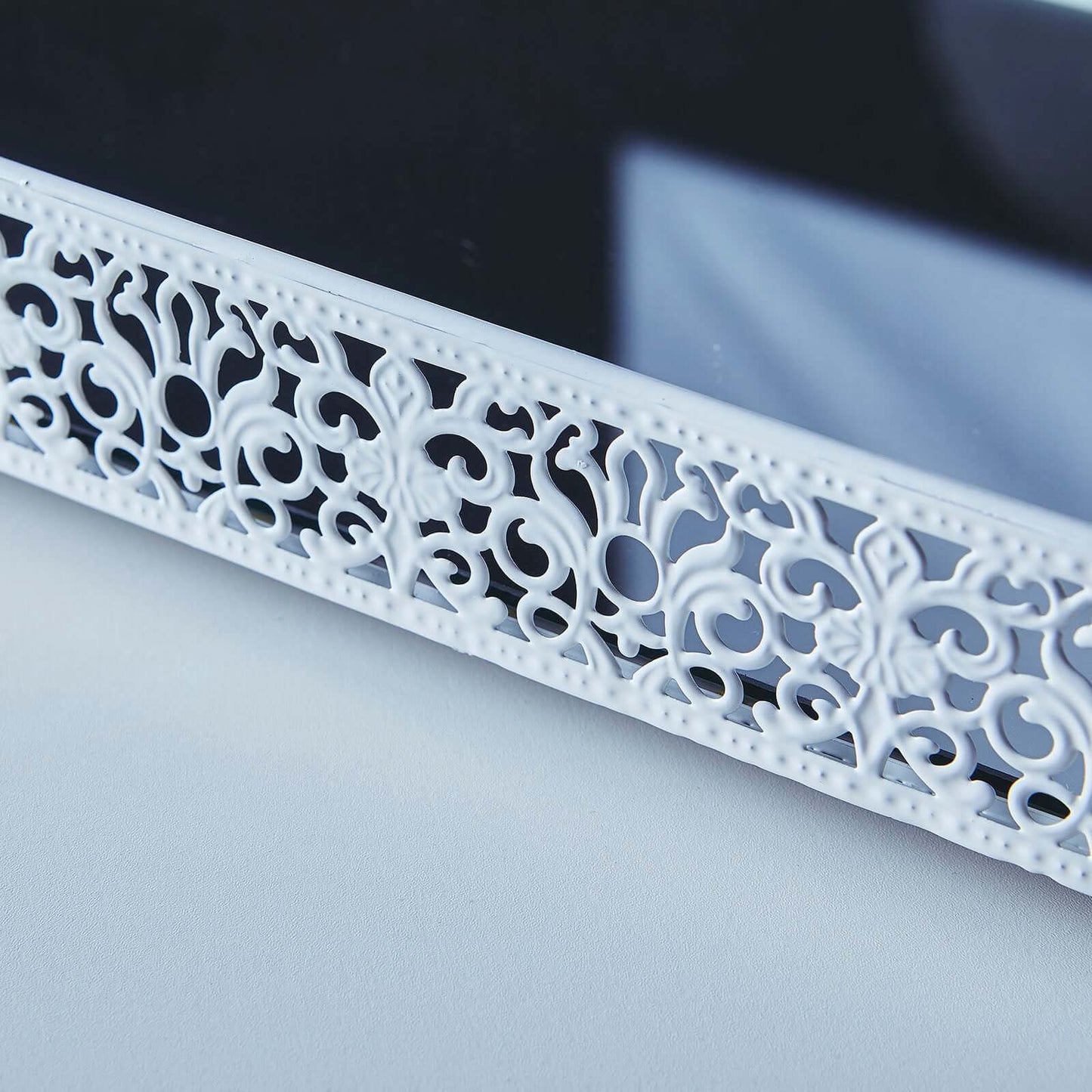 Metal Mirrored Rectangle Serving Tray 16"x12" in White Fleur De Lis Design with Handles, French Inspired Decorative Vanity Tray Centerpiece