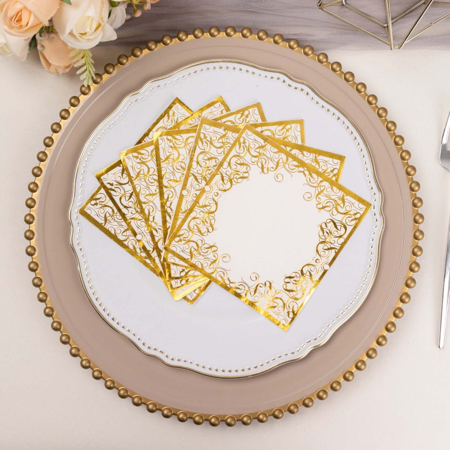 20-Pack Paper Beverage Napkins with Gold Foil Lace Design White - 3 Ply Disposable 18GSM European Style Cocktail Napkins 5"x5"