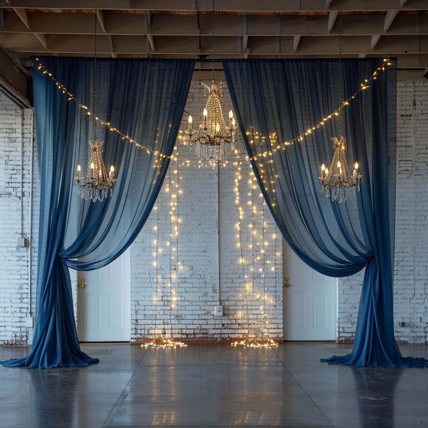5ftx32ft Navy Blue Chiffon Curtain Panel, Durable Flame Resistant Backdrop Ceiling Drapery With Rod Pocket