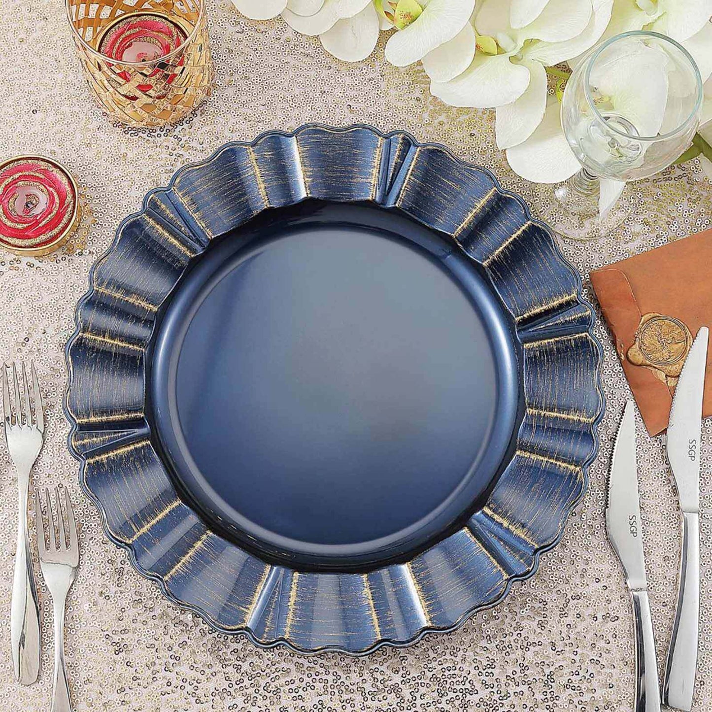 6-Pack Acrylic Plastic Round Charger Plates 13" in Navy Blue with Gold Brushed Wavy Scalloped Rim, Decorative Dinner Party Charger Tableware