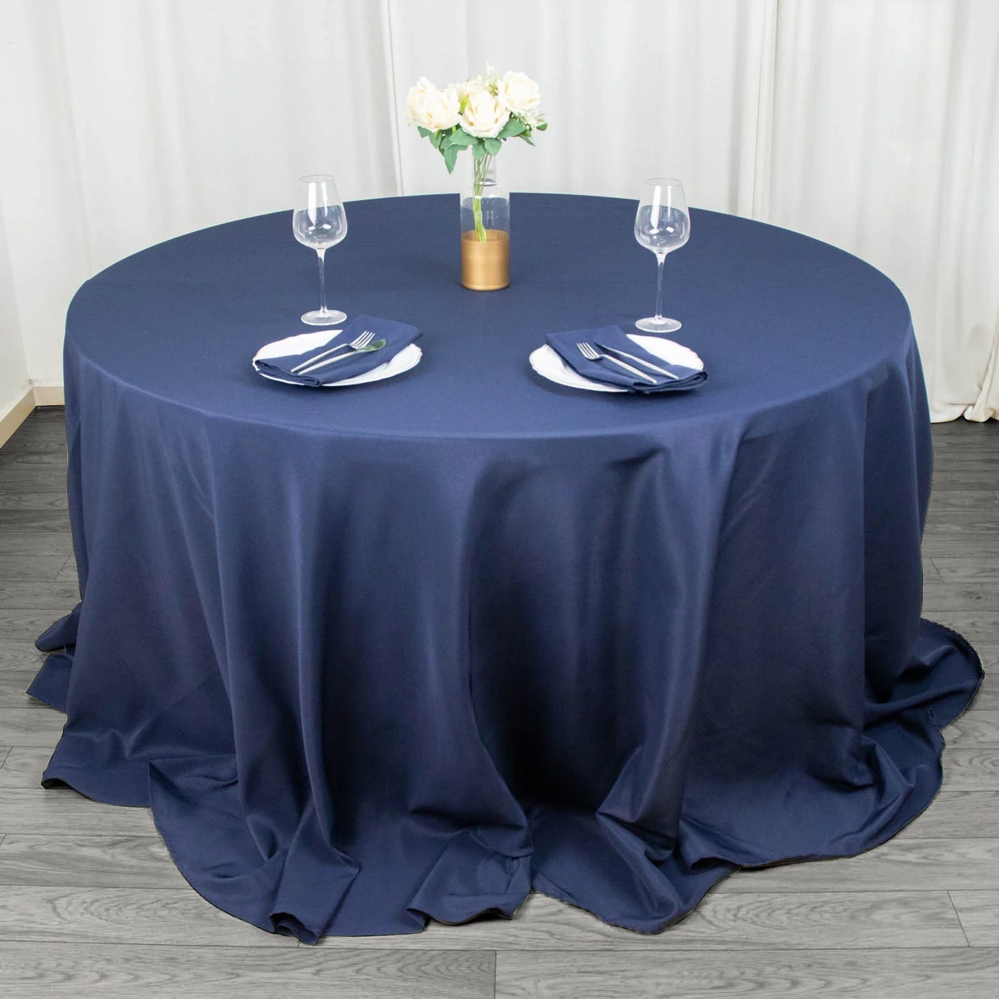 Fire Retardant Premium Polyester 132" Round Tablecloth Navy Blue - High-Performance Seamless Table Cover