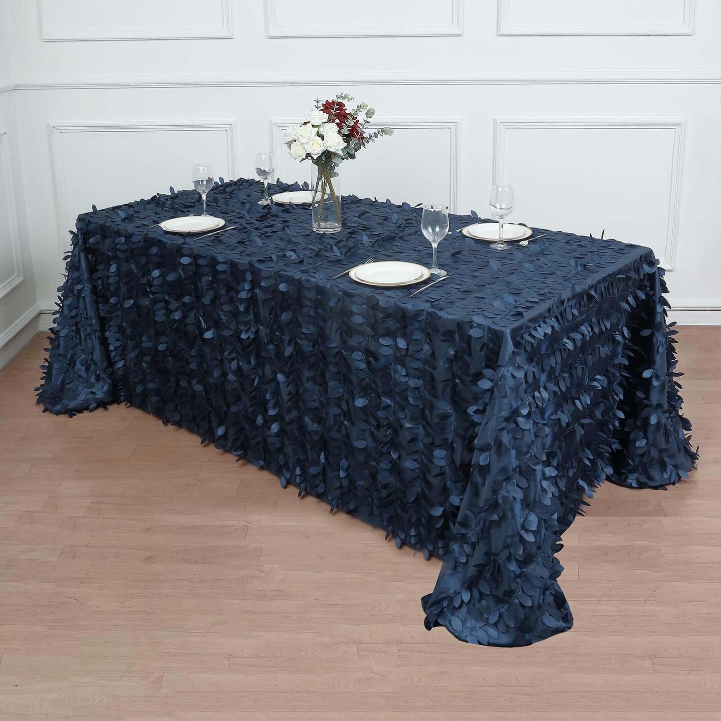 Taffeta 90"x132" Rectangle Tablecloth Navy Blue | 3D Leaf Petal Design Seamless Table Cover