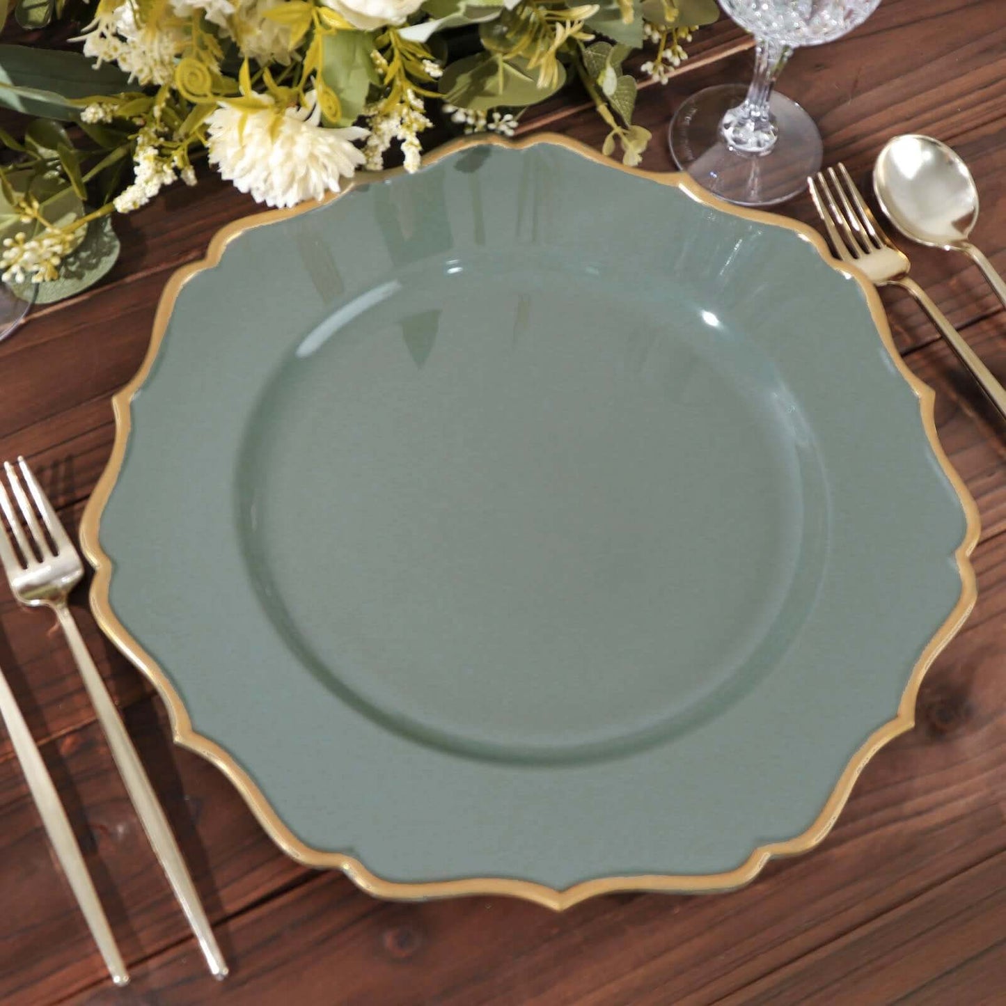 6-Pack Acrylic Round Charger Plates 13" in Olive Green with Gold Scalloped Rim, Decorative Dinner Party Plastic Charger Tableware
