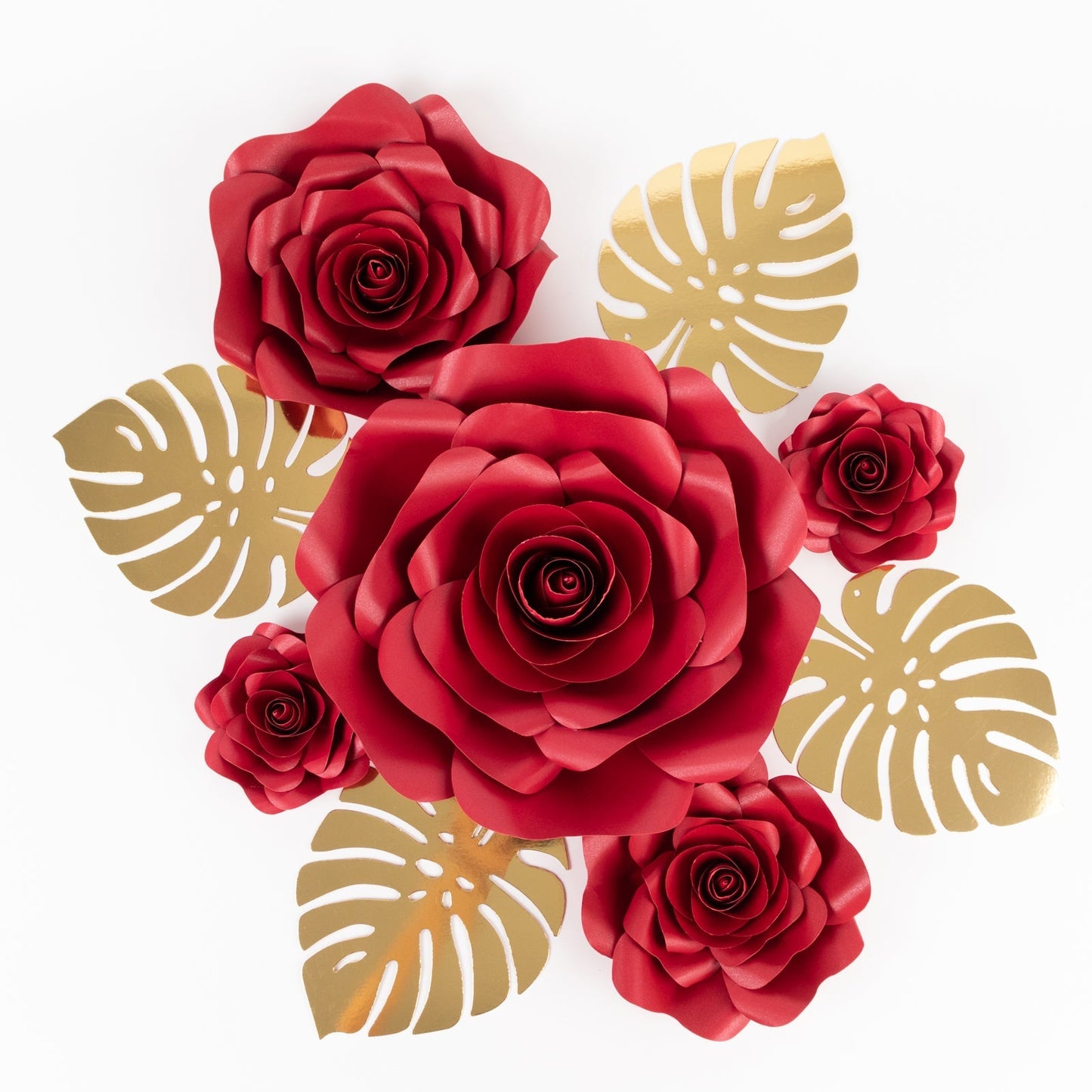 Set of 9 Red 3D Rose Paper Flowers with Gold Tropical Palm Leaves, Party Flower Backdrop Hanging Wall Decor