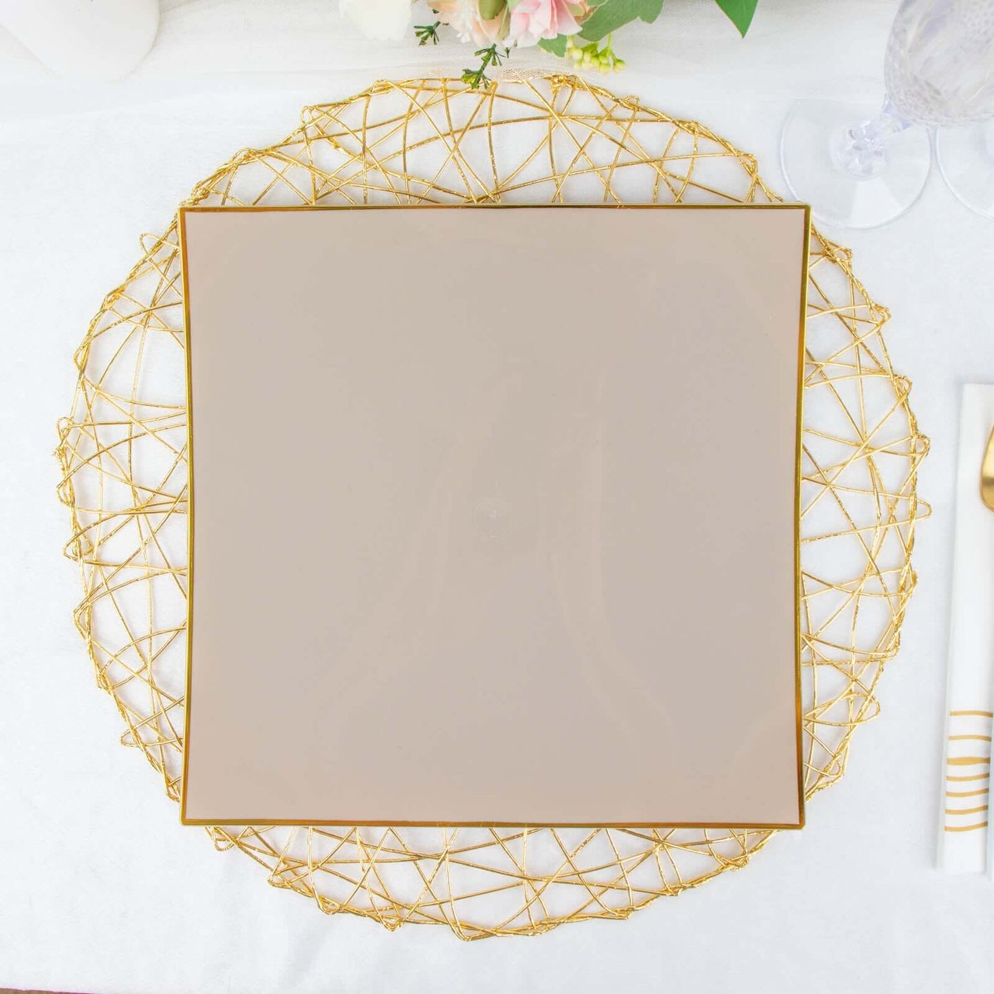 10-Pack Plastic 10" Square Dinner Plates in Taupe Concave Style with Gold Rim - Modern Disposable Party Plates