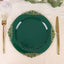 10-Pack Plastic 10" Round Dinner Plates in Hunter Emerald Green with Gold Leaf Embossed Rim - Disposable Vintage Baroque Style Plates