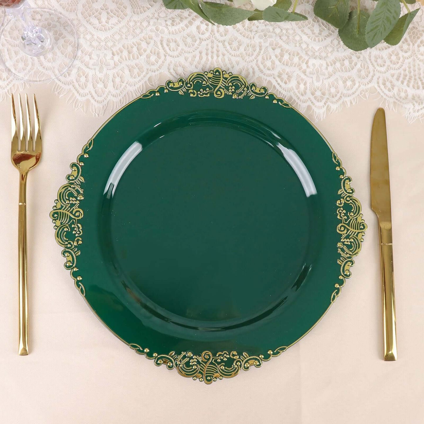10-Pack Plastic 10" Round Dinner Plates in Hunter Emerald Green with Gold Leaf Embossed Rim - Disposable Vintage Baroque Style Plates