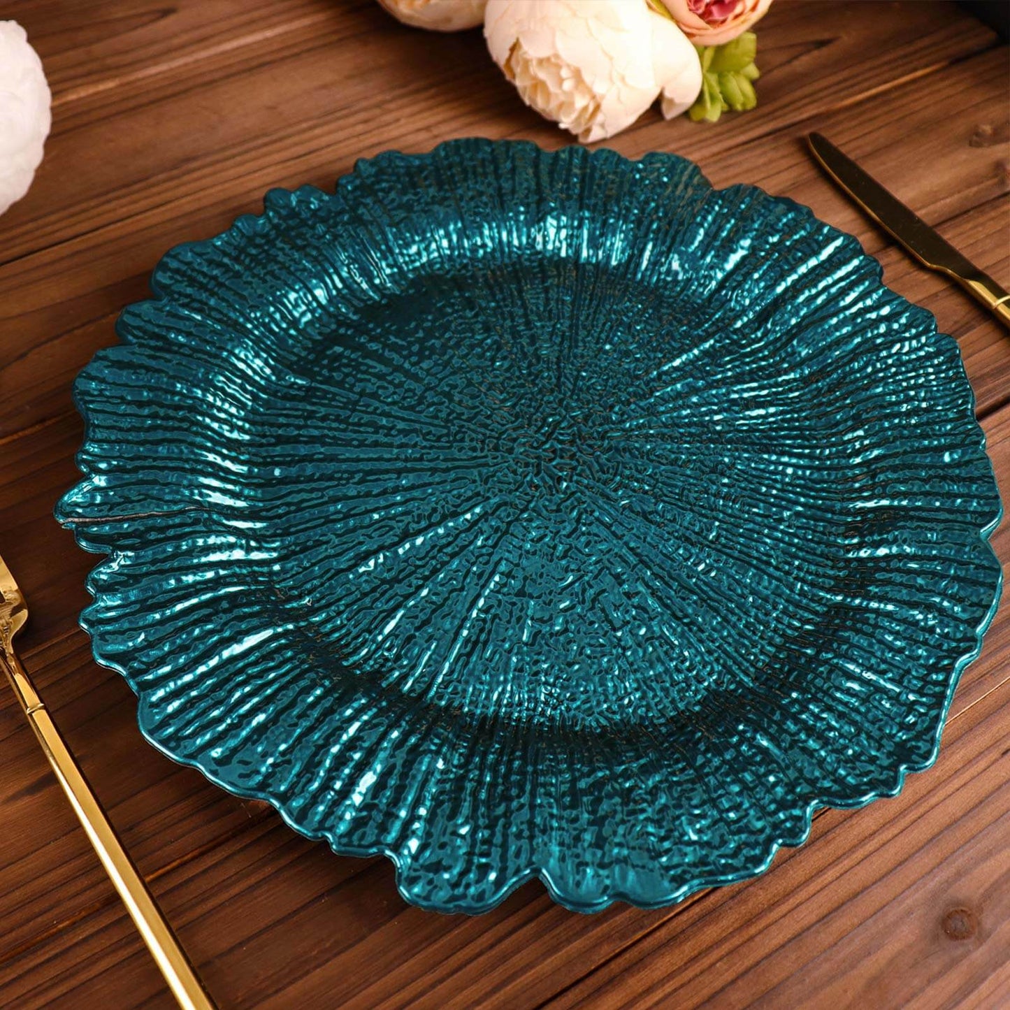 6-Pack Acrylic Plastic Round Charger Plates 13" in Peacock Teal with Reef Design, Dinner Charger Tableware