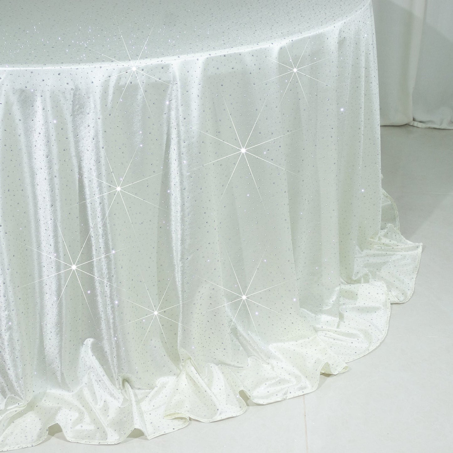 Scuba Round Tablecloth 132â€³ Pearl White with Rhinestone Accents â€“ Seamless, Wrinkle-Free, Stain-Resistant Event Linen